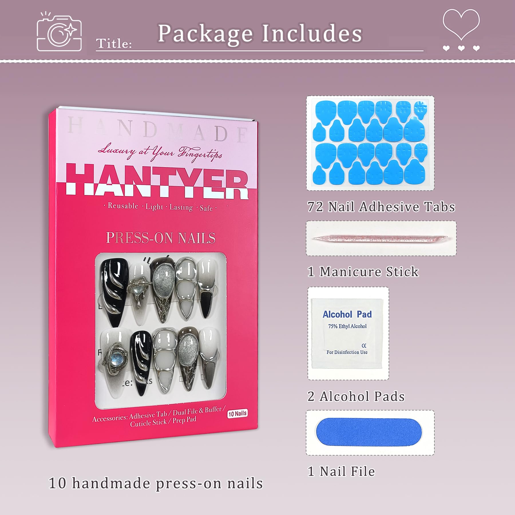 Hantyer Gothic Press on Nails with Tools Kit, 10pcs Long Stiletto Glossy Nails in Black & Metallic Silver, Hand-Painted 3D Art & Round Cat Eye Charms, Edgy Style for Concerts & Parties