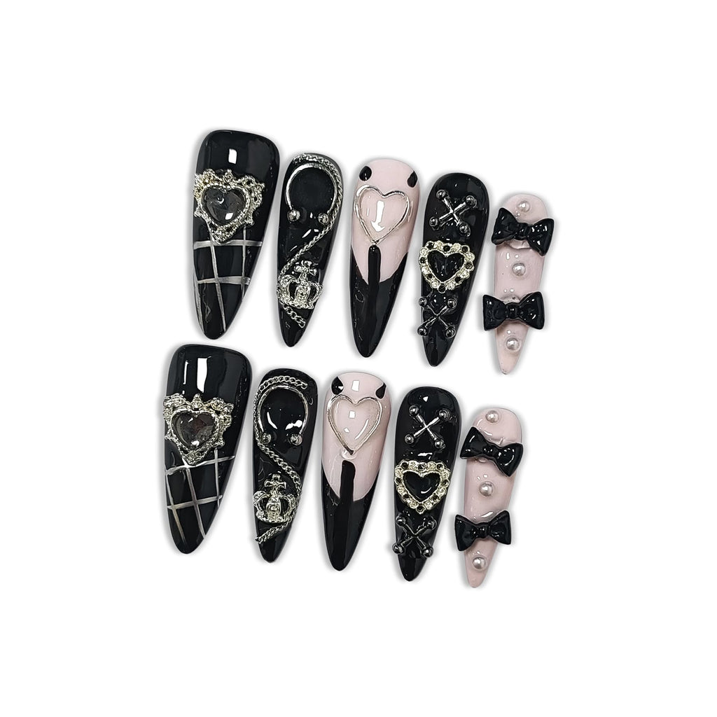 Hantyer Gothic Y2K Press on Nails, Long Stiletto Glossy Black & White Nails, Silver Gothic Charms, Black Rhinestones & 3D Hand-Painted Art, Salon Nails Edgy Style for Nightlife & Concerts