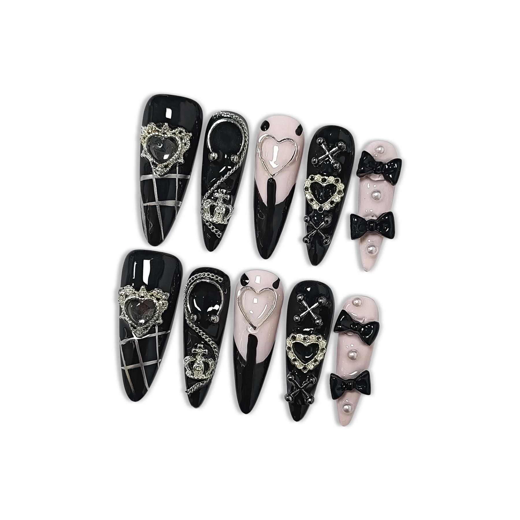 Hantyer Gothic Y2K Press on Nails, Long Stiletto Glossy Black & White Nails, Silver Gothic Charms, Black Rhinestones & 3D Hand-Painted Art, Salon Nails Edgy Style for Nightlife & Concerts