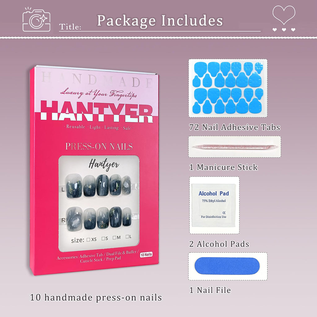 Hantyer Blue Ocean Wave Marbled Press on Nails with 3D Handmade Water Droplets & Gold Glitter, Short Square Glossy Soft Glam Fake Nails, Elegant False Nails for Women Fall Winter Party