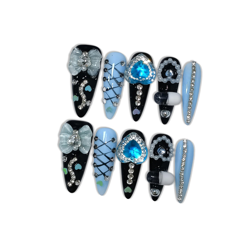 Hantyer Gothic Blue Press on Nails with Tools Kit, 10pcs Long Stiletto Matte Black & Blue Nails, Blue Rhinestones, Bows & 3D Hand-Painted Art, Reusable & Easy Apply for Night Events