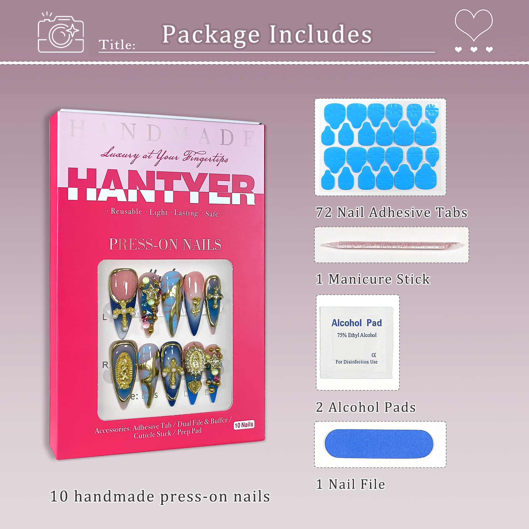 Hantyer 10pcs Vintage Press on Nails with Tools Kit, Long Stiletto Glossy Blue Marble Nails, Gold Cross & Star Charms with 3D Hand-Painted Lines on Nails, Reusable & Easy Apply for Galas