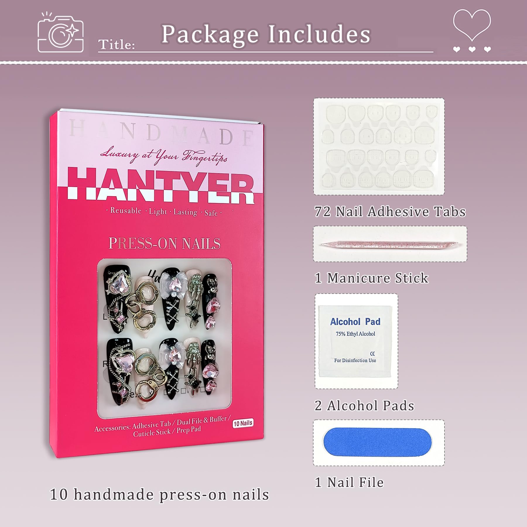 Hantyer Gothic Y2K Press on Nails, Long Stiletto Glossy Nails in Black & White, Handmade Nails with 3D Charms (Bow/Handcuff/Skull) & Heart Rhinestones, Edgy Party Style for Women