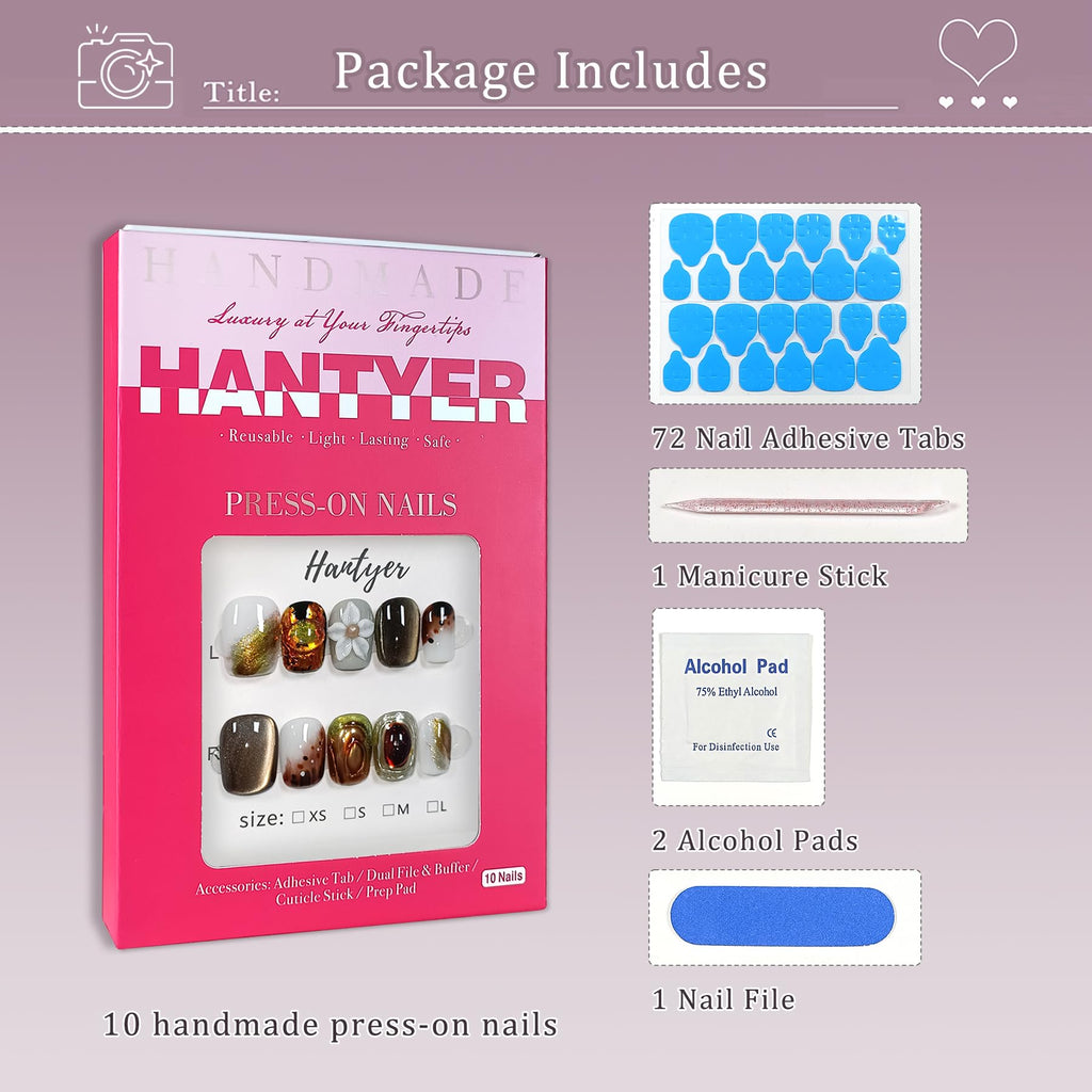 Hantyer Coffee Brown Cat Eye Ombre Press on Nails with Handmade 3D Flowers & Gold Glitter ,Short Square Glossy Vintage Fake Nails, Reusable Elegant False Nails for Women Fall Winter Occasions