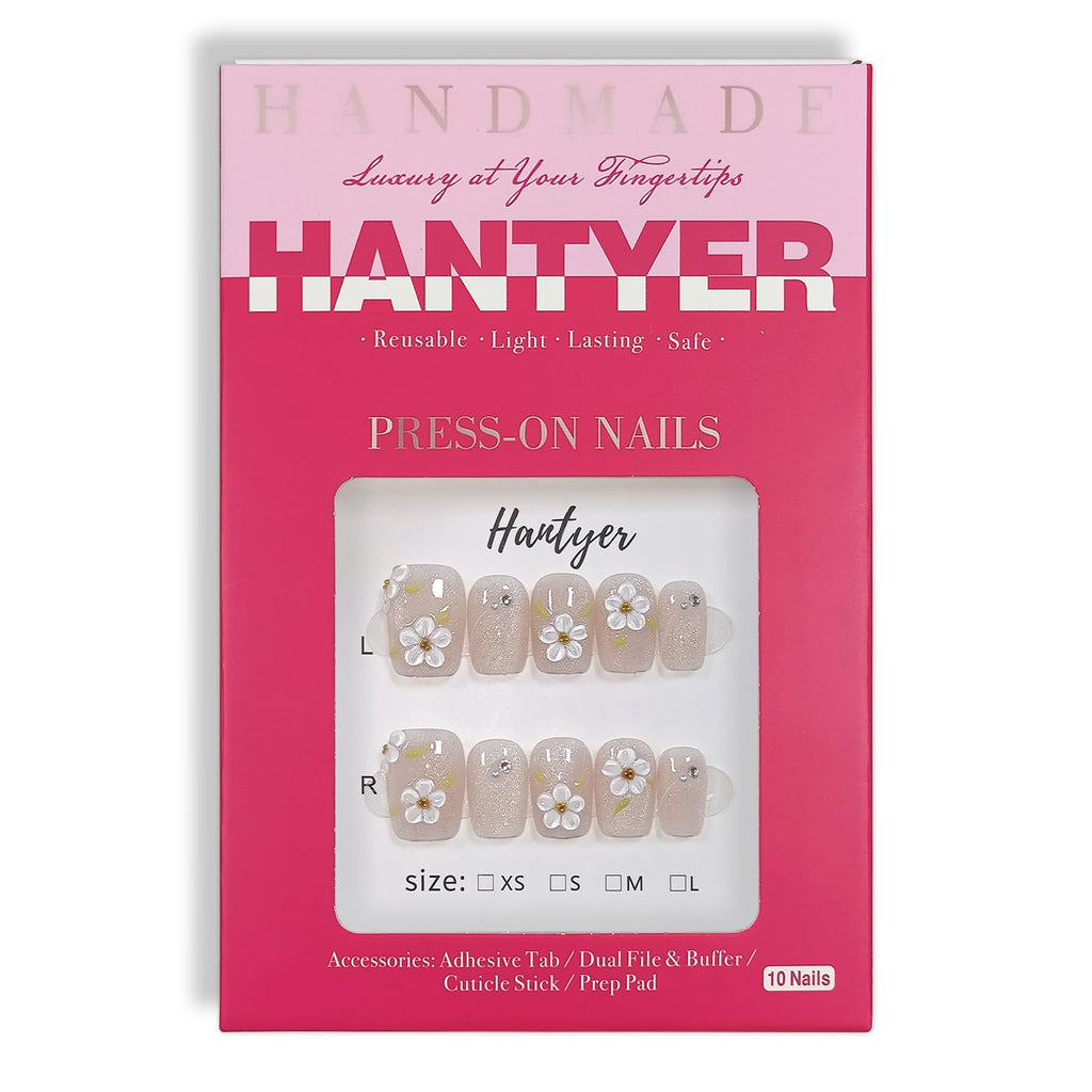 Hantyer 10pcs Press On Nails Sweet Style - Nude Cat Eye with White 3D Embossed Flowers, Short Square Shape, Glossy Shine, Reusable Fake Nails Easy to Apply & Carry for Parties