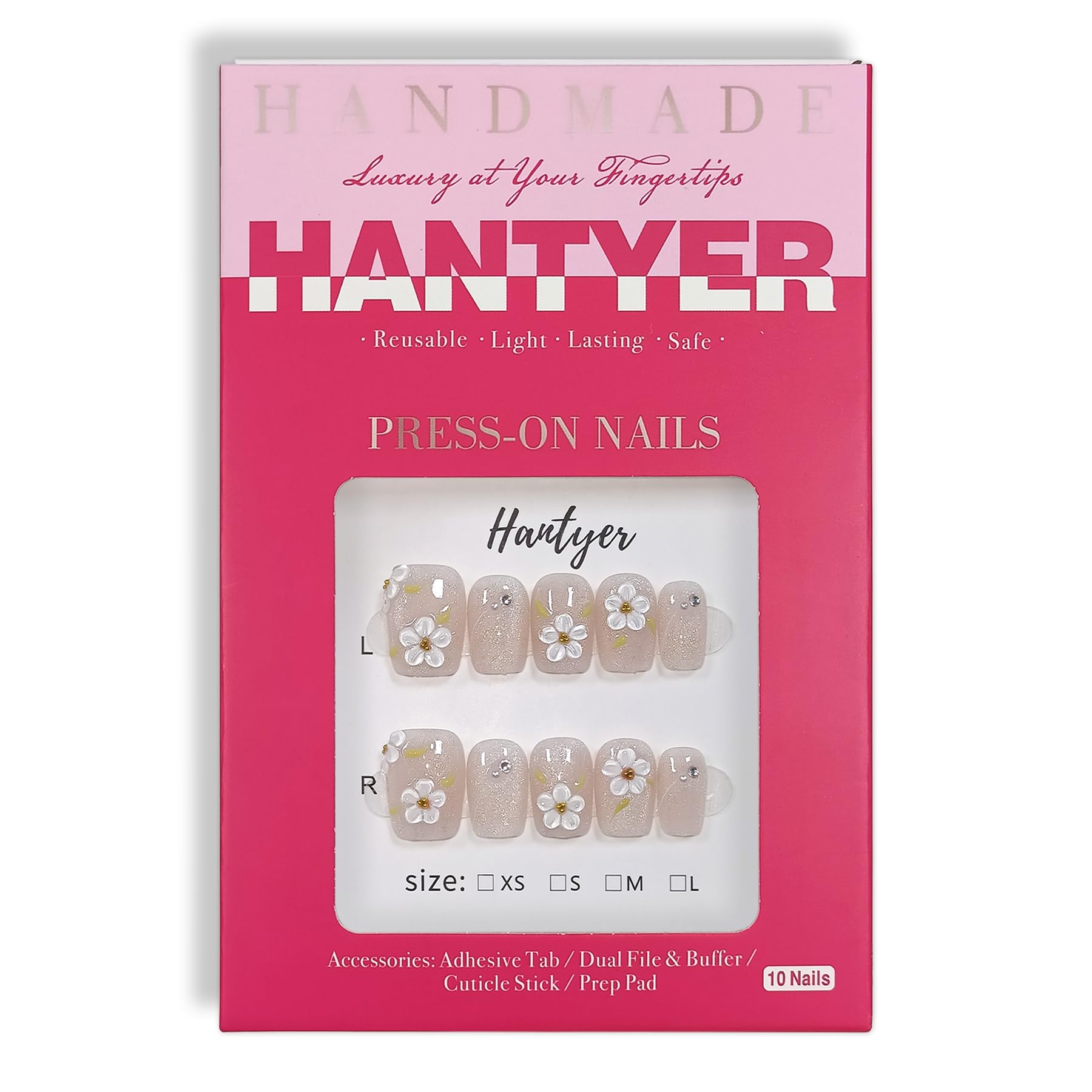 Hantyer 10pcs Press On Nails Sweet Style - Nude Cat Eye with White 3D Embossed Flowers, Short Square Shape, Glossy Shine, Reusable Fake Nails Easy to Apply & Carry for Parties