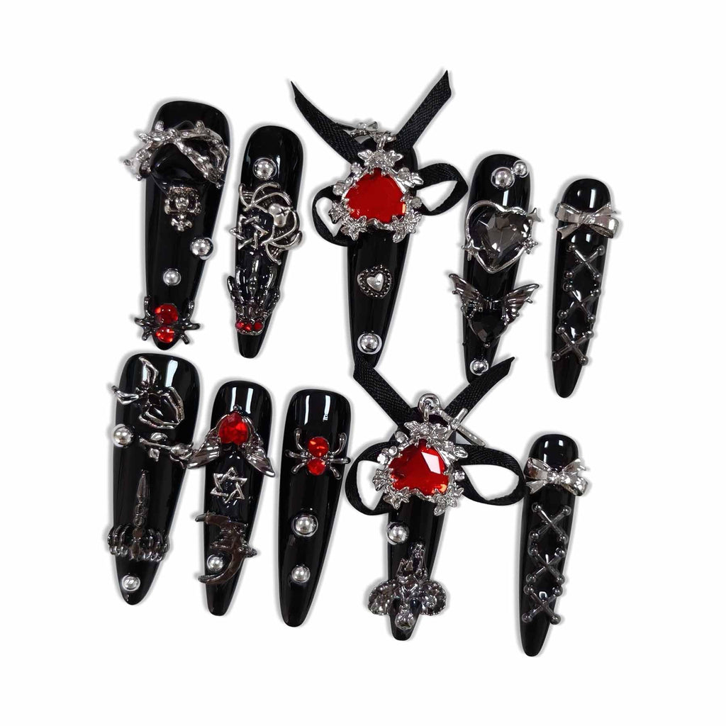 Hantyer Black Press on Nails with Red Spider, Heart Rhinestones & Silver Decor, Long Stiletto Glossy Gothic Fake Nails, Reusable Dark Edgy False Nails for Women Halloween Party Goth Concert