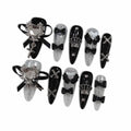Hantyer 10pcs Black Press on Nails with Heart Rhinestones & Silver Charms, Long Stiletto Glossy Dark Edgy Fake Nails, Reusable Gothic Glam False Nails for Women Night Party Valentine's Day