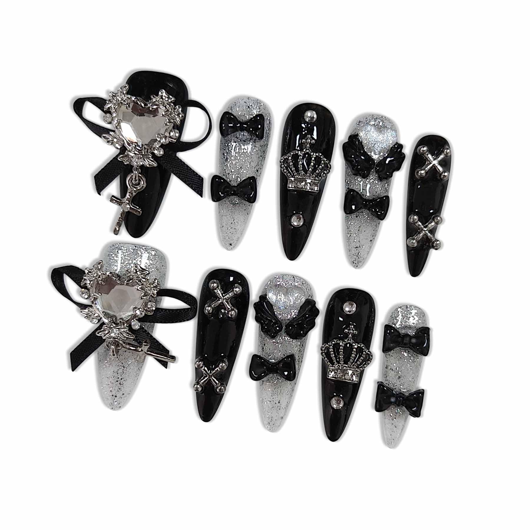 Hantyer 10pcs Black Press on Nails with Heart Rhinestones & Silver Charms, Long Stiletto Glossy Dark Edgy Fake Nails, Reusable Gothic Glam False Nails for Women Night Party Valentine's Day