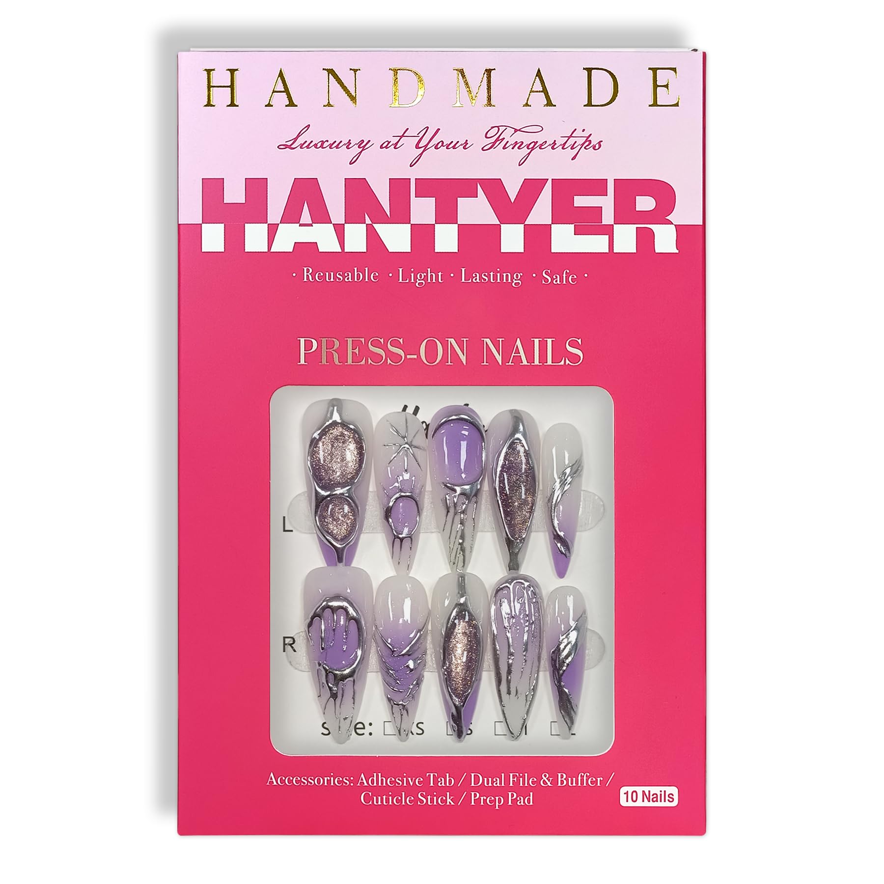 Hantyer Lavender Ombre Metallic Hand-Painted Cat Eye Press on Nails, Long Stiletto Glossy Iced Edgy Fake Nails, Reusable Sweet & Cool False Nails for Women Y2K Party Special Occasion Full Set