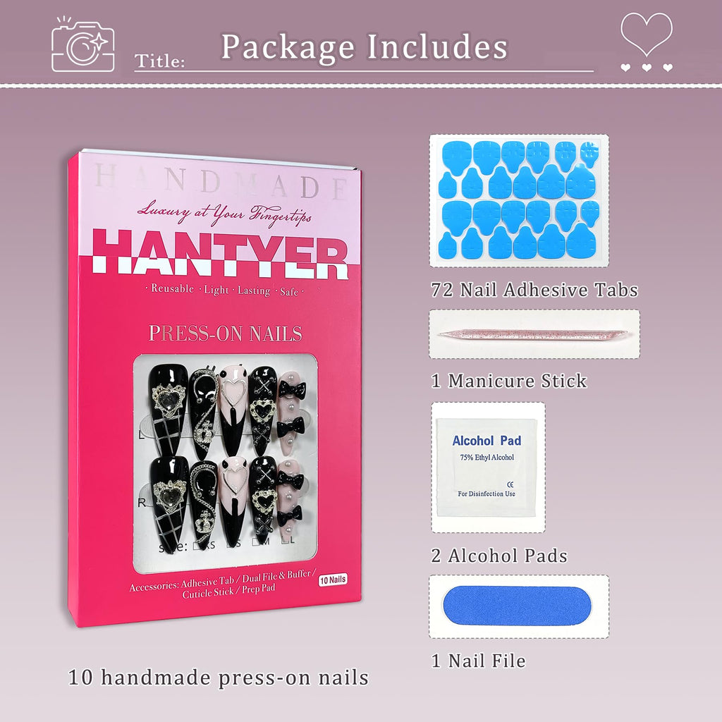 Hantyer Gothic Y2K Press on Nails, Long Stiletto Glossy Black & White Nails, Silver Gothic Charms, Black Rhinestones & 3D Hand-Painted Art, Salon Nails Edgy Style for Nightlife & Concerts
