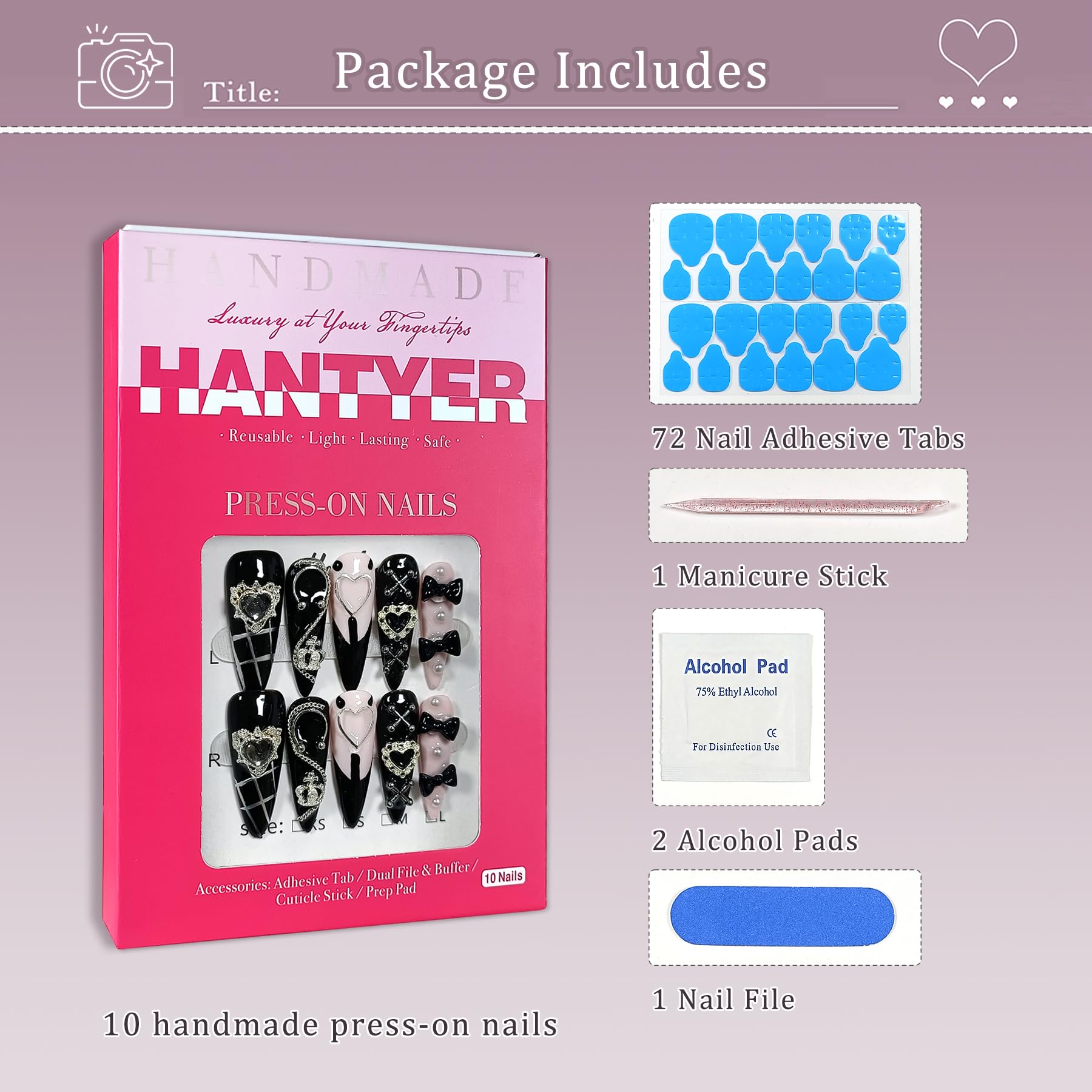 Hantyer Gothic Y2K Press on Nails, Long Stiletto Glossy Black & White Nails, Silver Gothic Charms, Black Rhinestones & 3D Hand-Painted Art, Salon Nails Edgy Style for Nightlife & Concerts