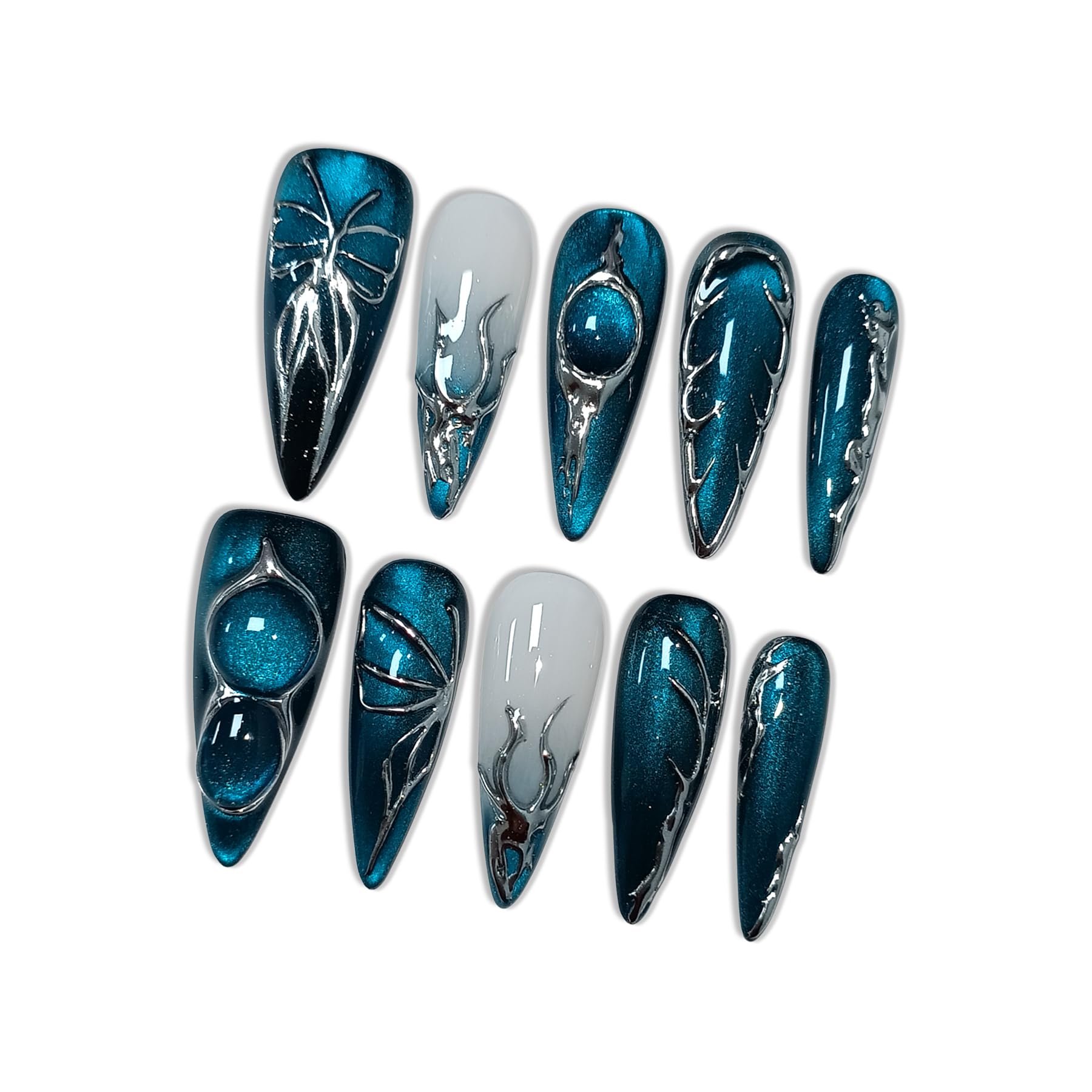 Hantyer Navy Blue Cat Eye Press on Nails with Hand-Painted Silver Butterfly, Long Stiletto Glossy Edgy Fake Nails, Reusable Sweet & Cool False Nails for Women Night Party Special Event
