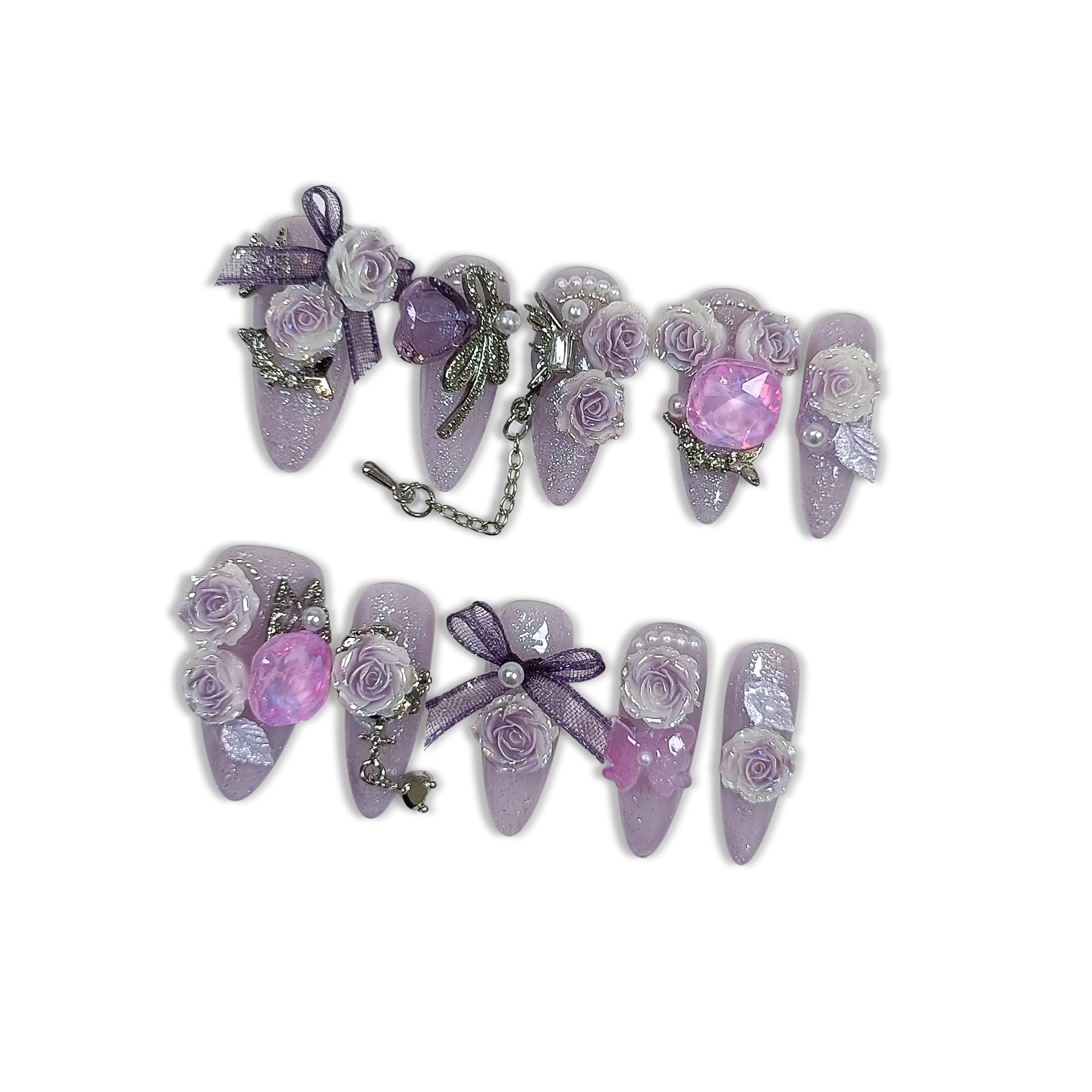 Hantyer Glamorous Press on Nails Long Almond Stiletto,Purple Cat Eye Gradient False Nails with 3D Roses, Camellias Butterflies Chains Rhinestones, Luxe Glitter Fake Nails for Women 10Pcs Tools Kit