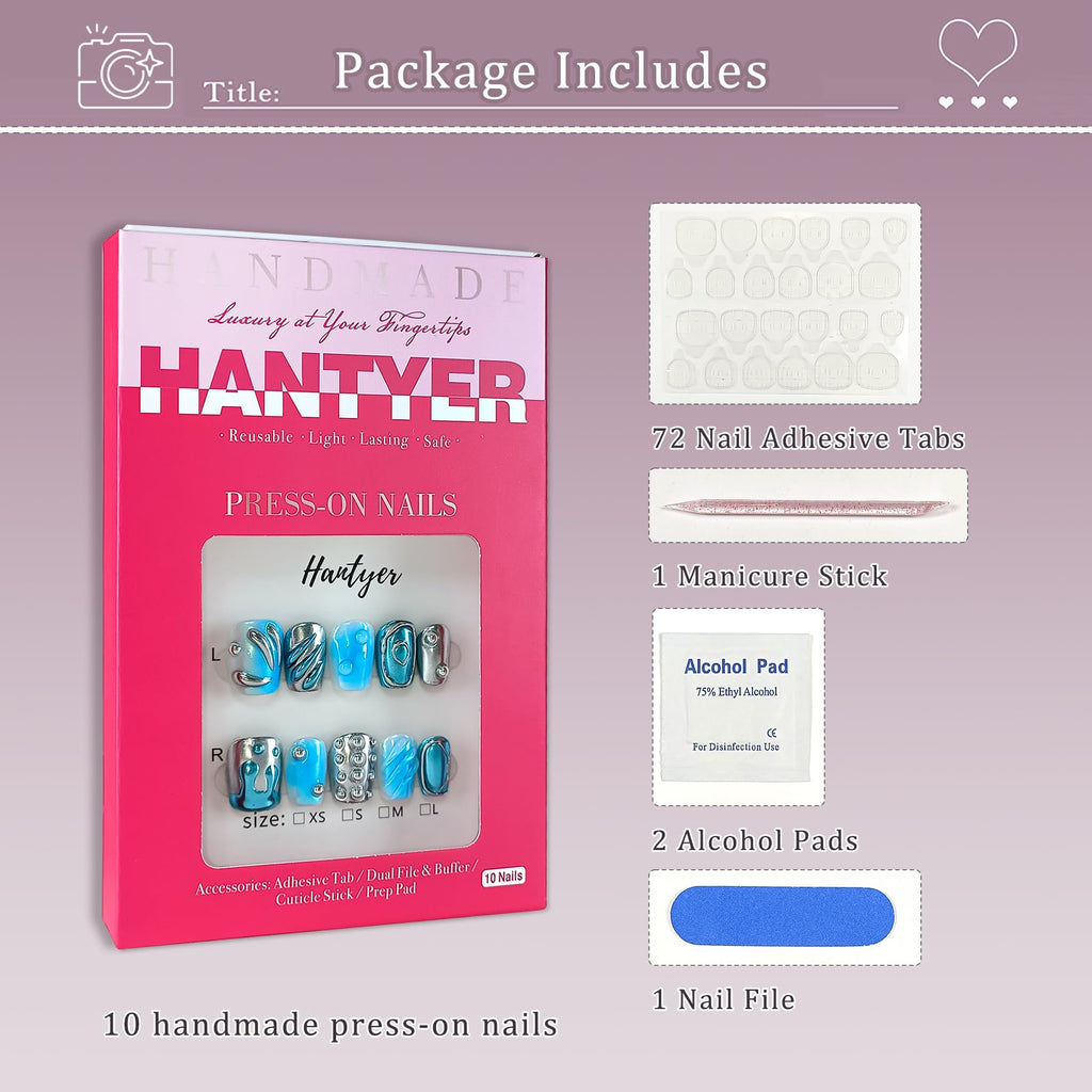 Hantyer Square Press On Nails, Handmade Soft Gel Chrome Blue & Silver Metallic Fake Nails with 3D Sculpted Wave Design, Futuristic Iridescent Alien Reusable False Nails 10PCS Kit