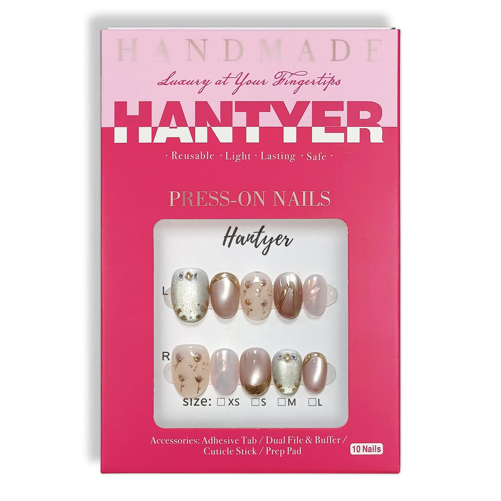 Hantyer Soft Glam Pink Cat Eye Press on Nails with Hand-Painted Tulips, Rhinestones & Gold Lines - Short Oval Glossy Fake Nails, Reusable Elegant False Nails for Women Fall Winter Party Date