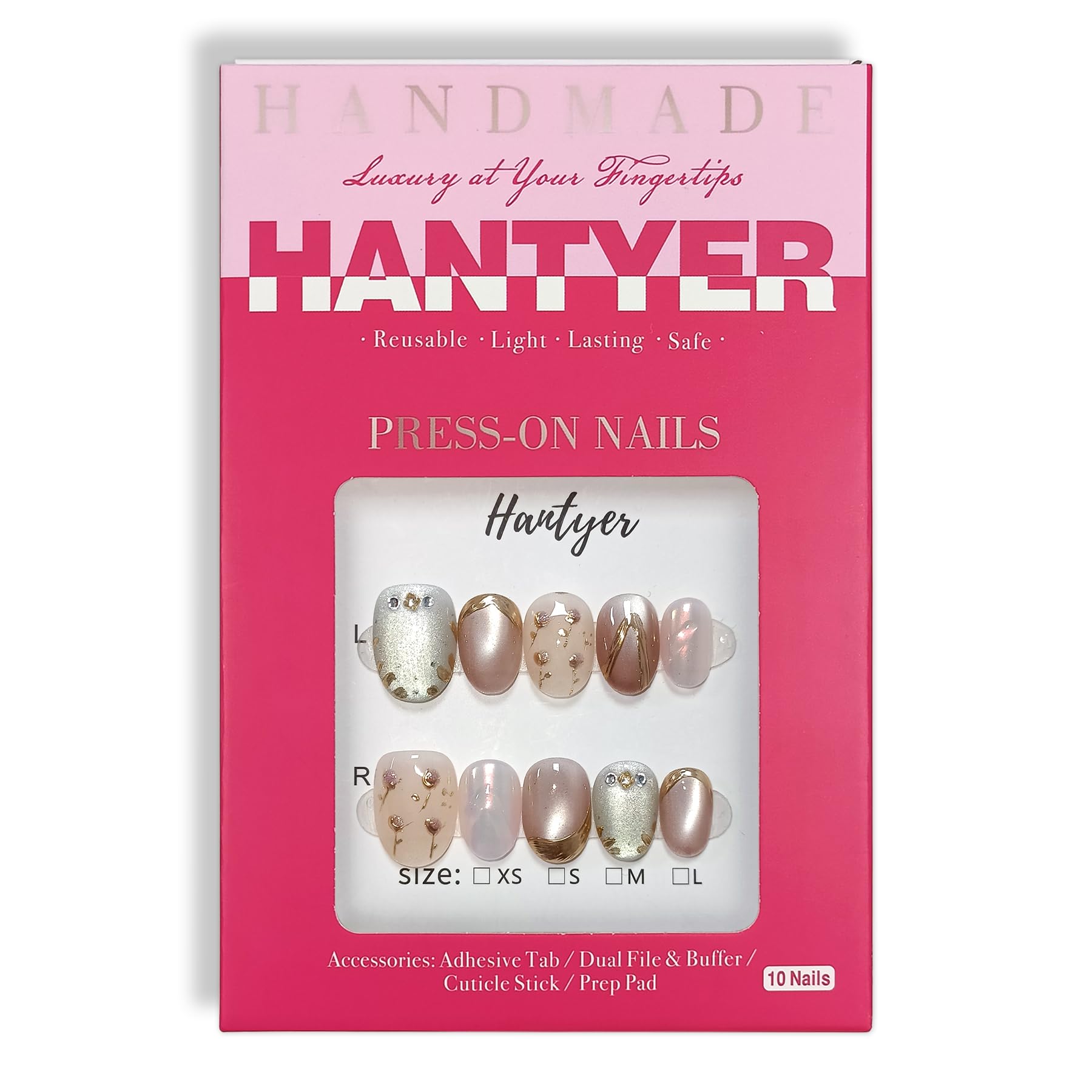 Hantyer Soft Glam Pink Cat Eye Press on Nails with Hand-Painted Tulips, Rhinestones & Gold Lines - Short Oval Glossy Fake Nails, Reusable Elegant False Nails for Women Fall Winter Party Date