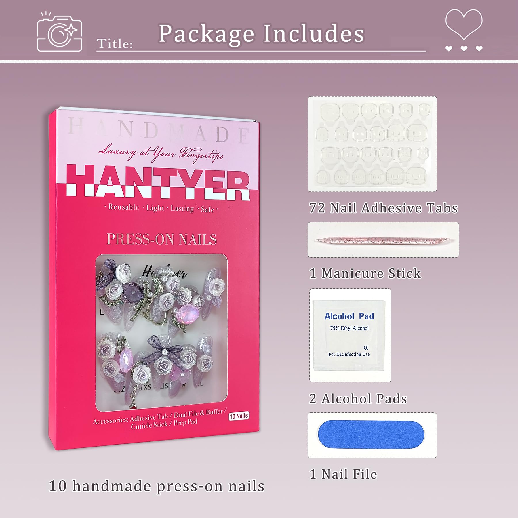 Hantyer Glamorous Press on Nails Long Almond Stiletto,Purple Cat Eye Gradient False Nails with 3D Roses, Camellias Butterflies Chains Rhinestones, Luxe Glitter Fake Nails for Women 10Pcs Tools Kit