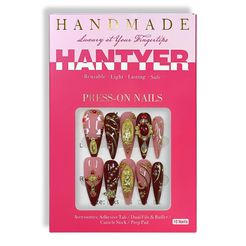 Hantyer Pink & Red French Press on Nails with Gold Lines, Long Stiletto Glossy Vintage Fake Nails with Madonna Statue, Cross & Rhinestones, Reusable Religious Aesthetic False Nails