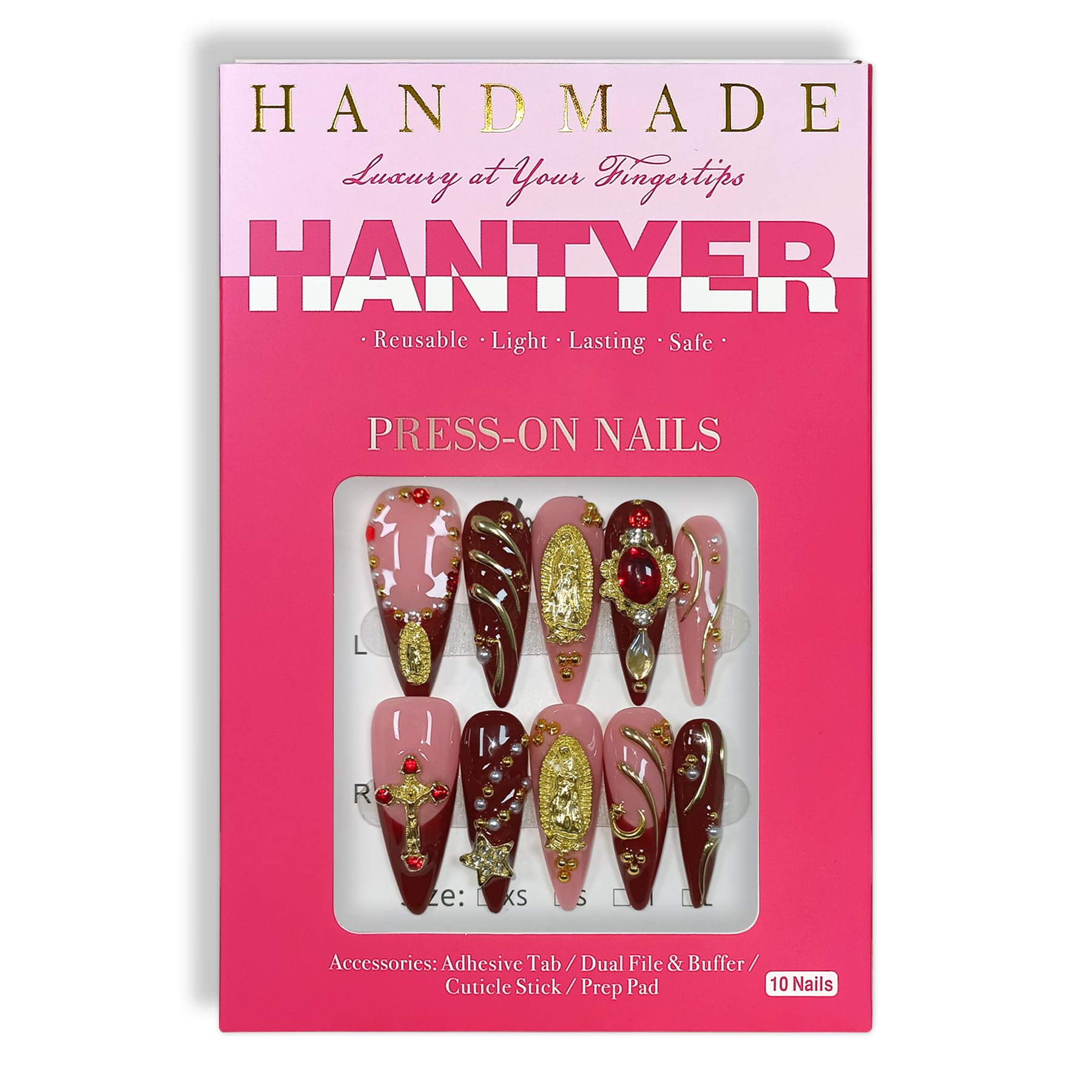 Hantyer Pink & Red French Press on Nails with Gold Lines, Long Stiletto Glossy Vintage Fake Nails with Madonna Statue, Cross & Rhinestones, Reusable Religious Aesthetic False Nails