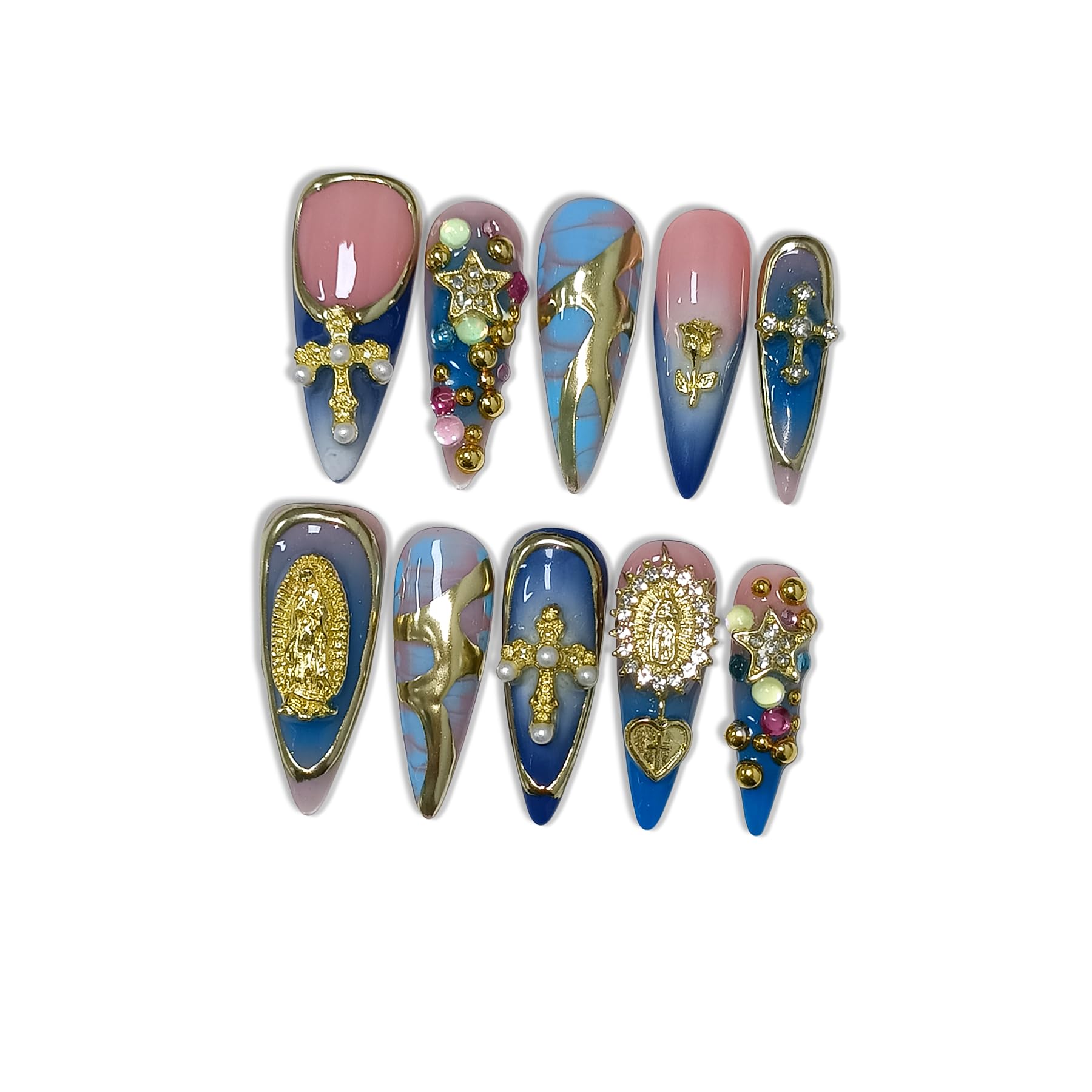 Hantyer 10pcs Vintage Press on Nails with Tools Kit, Long Stiletto Glossy Blue Marble Nails, Gold Cross & Star Charms with 3D Hand-Painted Lines on Nails, Reusable & Easy Apply for Galas