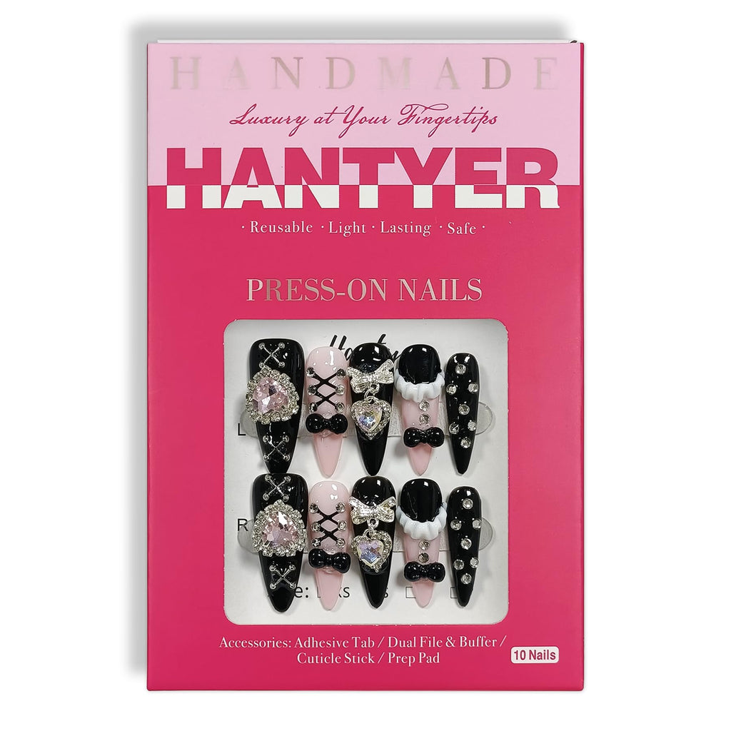 Hantyer Gothic Punk Press on Nails, Long Stiletto Matte Black & Pink Nails, Silver Gothic Charms, Pink Rhinestones & 3D Art, Salon Nails Reusable & Easy Apply for Parties & Night Events