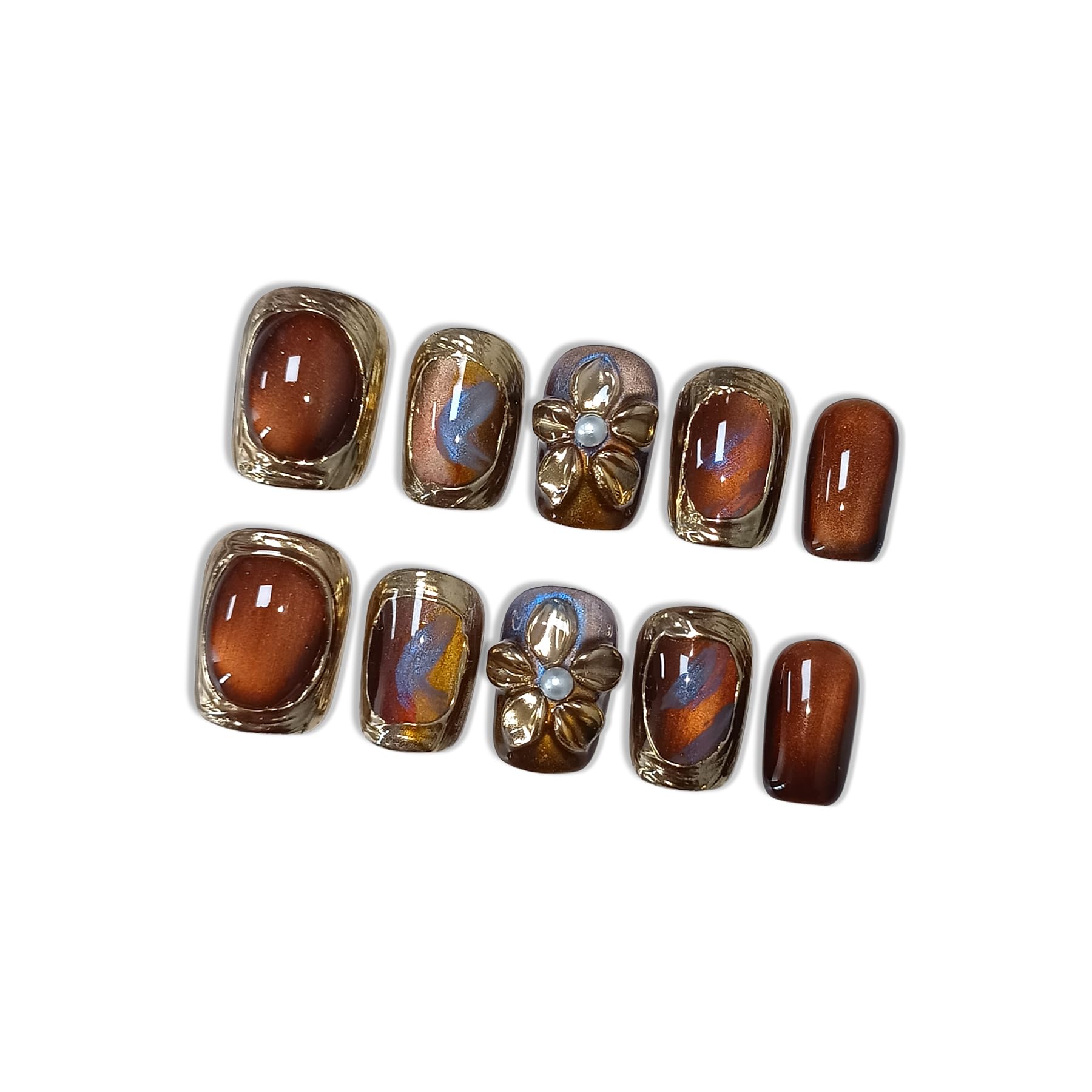 Hantyer 10pcs Press On Nails Vintage Amber with Hand-Painted 3D Gold Flowers and Metal Accents, Short Square Glossy False Nails, Reusable, Easy to Apply, Portable for Parties