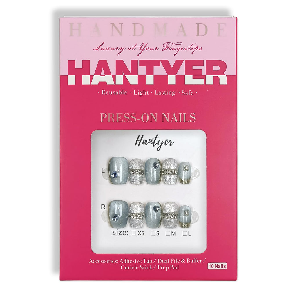 Hantyer Squoval Press On Nails, Handmade Soft Gel Blue And Silver Fake Nails with Silver Bead Accents, Shimmering Glitter Design Full Cover Reusable False Nails 10PCS Kit