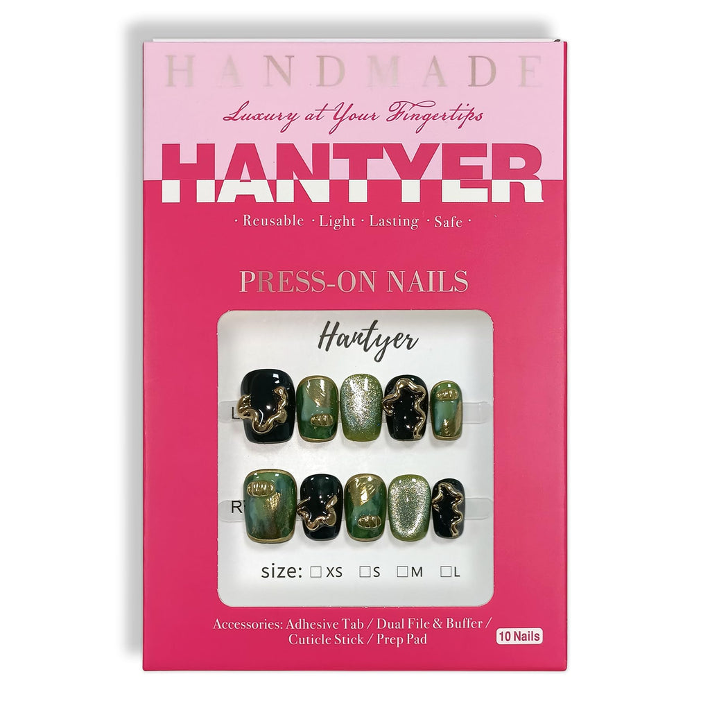 Hantyer Black to Dark Green Ombre Press on Nails with Hand-Painted Gold 3D Lines - Short Square Glossy Luxury Fake Nails, Reusable Elegant False Nails for Women Fall Winter Season Party