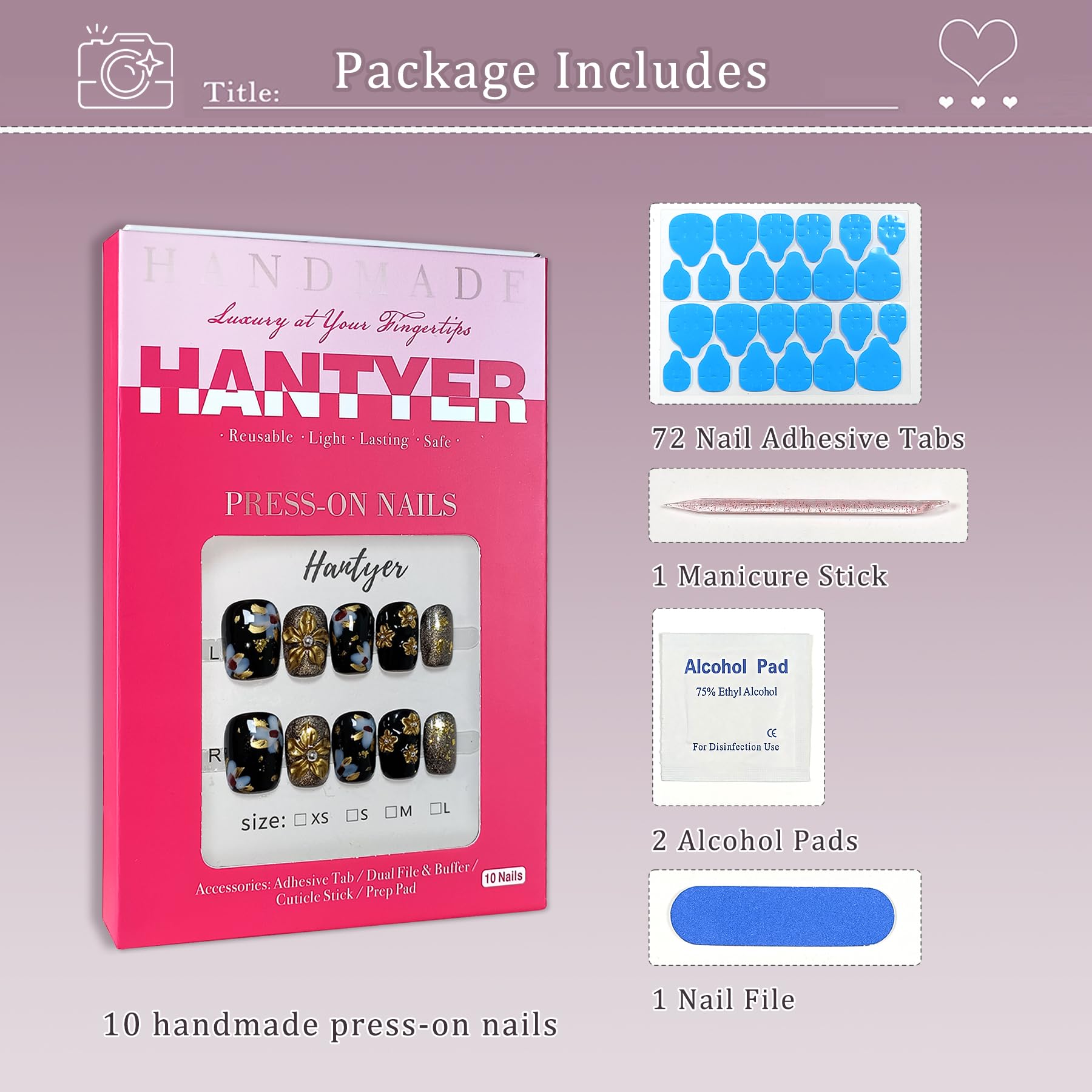 Hantyer Black Press on Nails with Handmade 3D Gold Flowers & Gold Lines - Short Square Glossy Luxury Fake Nails, Reusable Elegant Vintage False Nails for Women Fall Winter Party Evening Gala