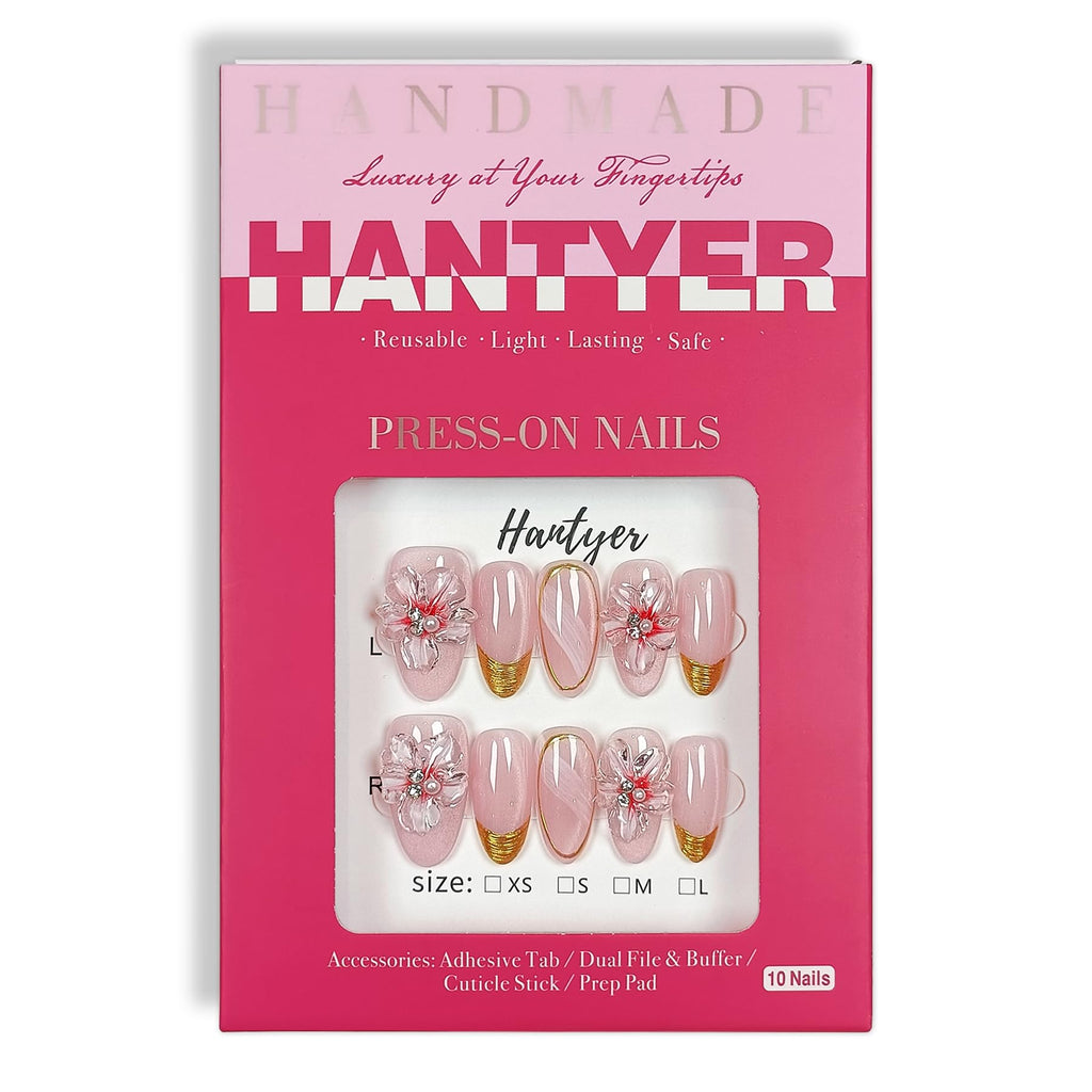 Hantyer Press on Nails, Medium Oval Fake Nails, Pink Cat Eye Base & Gold French Tips, 3D Cherry Blossoms & Icy Pink Jelly Finish, Reusable Gel Nails Sweet & Elegant Style for Women