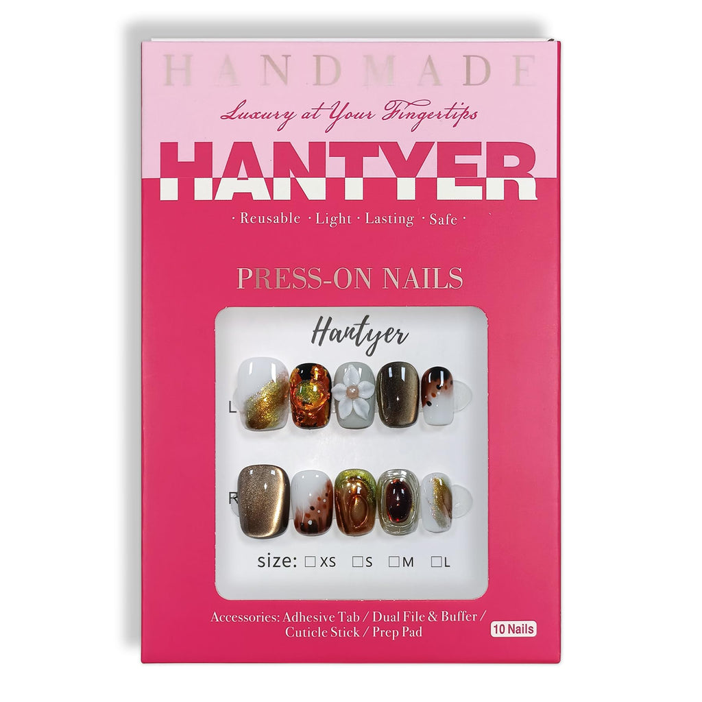 Hantyer Coffee Brown Cat Eye Ombre Press on Nails with Handmade 3D Flowers & Gold Glitter ,Short Square Glossy Vintage Fake Nails, Reusable Elegant False Nails for Women Fall Winter Occasions