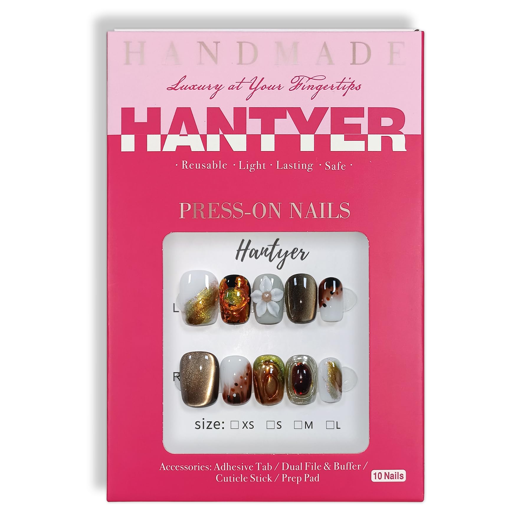 Hantyer Coffee Brown Cat Eye Ombre Press on Nails with Handmade 3D Flowers & Gold Glitter ,Short Square Glossy Vintage Fake Nails, Reusable Elegant False Nails for Women Fall Winter Occasions