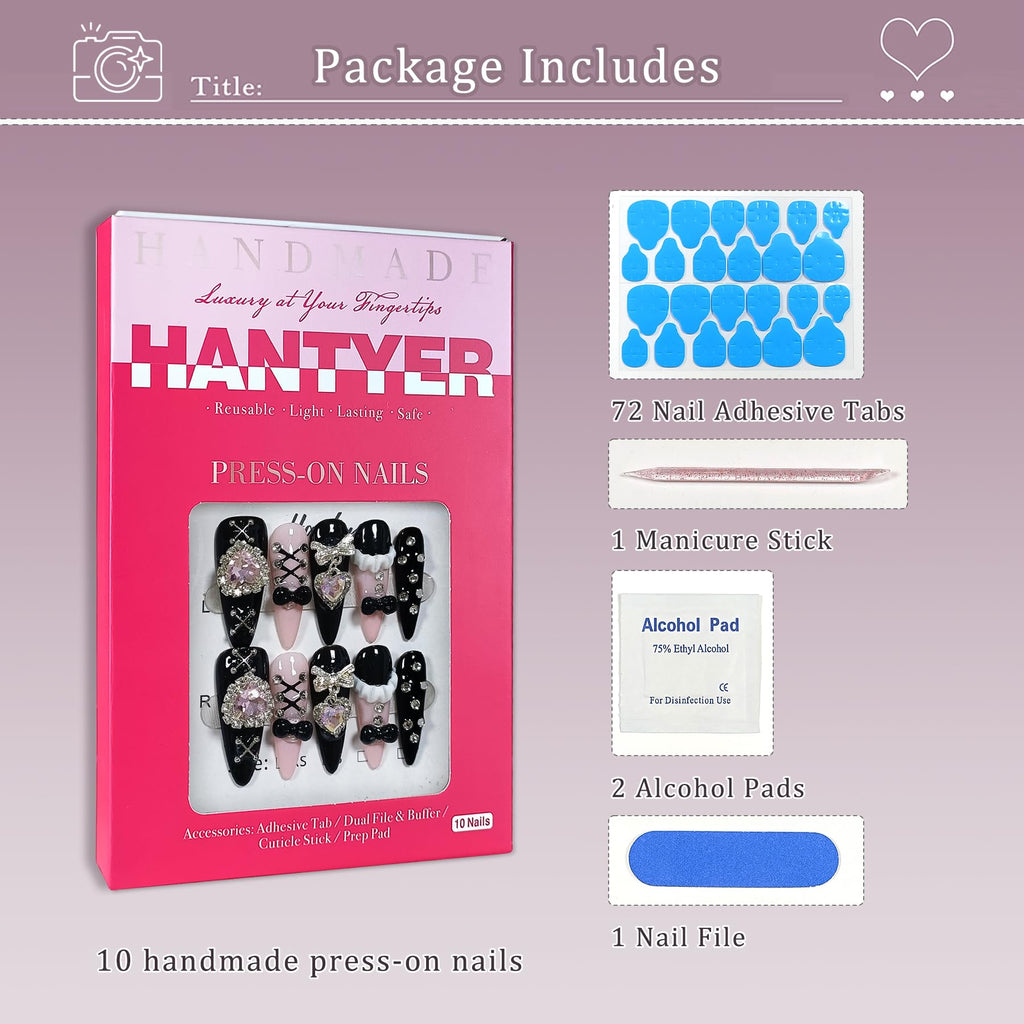 Hantyer Gothic Punk Press on Nails, Long Stiletto Matte Black & Pink Nails, Silver Gothic Charms, Pink Rhinestones & 3D Art, Salon Nails Reusable & Easy Apply for Parties & Night Events
