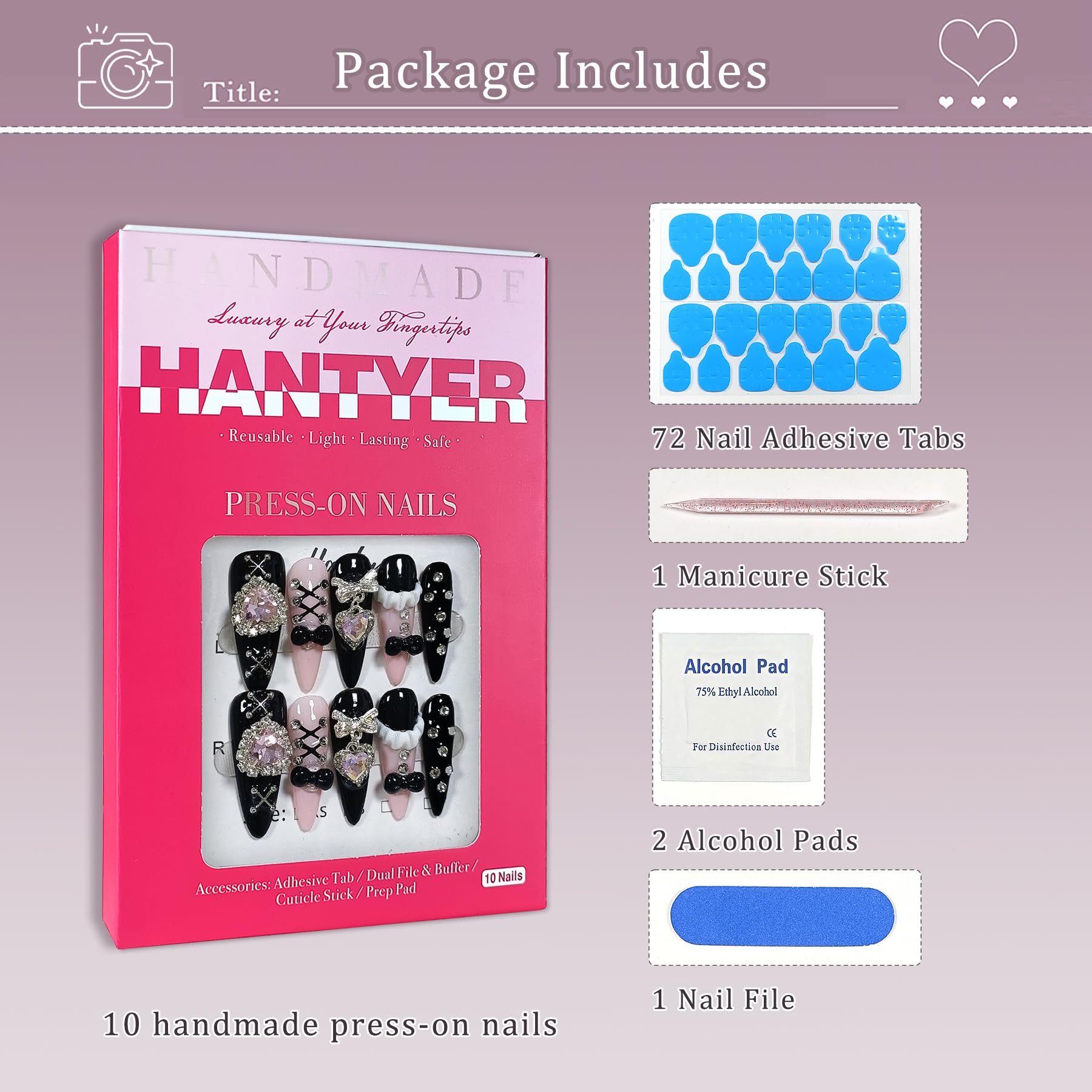 Hantyer Gothic Punk Press on Nails, Long Stiletto Matte Black & Pink Nails, Silver Gothic Charms, Pink Rhinestones & 3D Art, Salon Nails Reusable & Easy Apply for Parties & Night Events