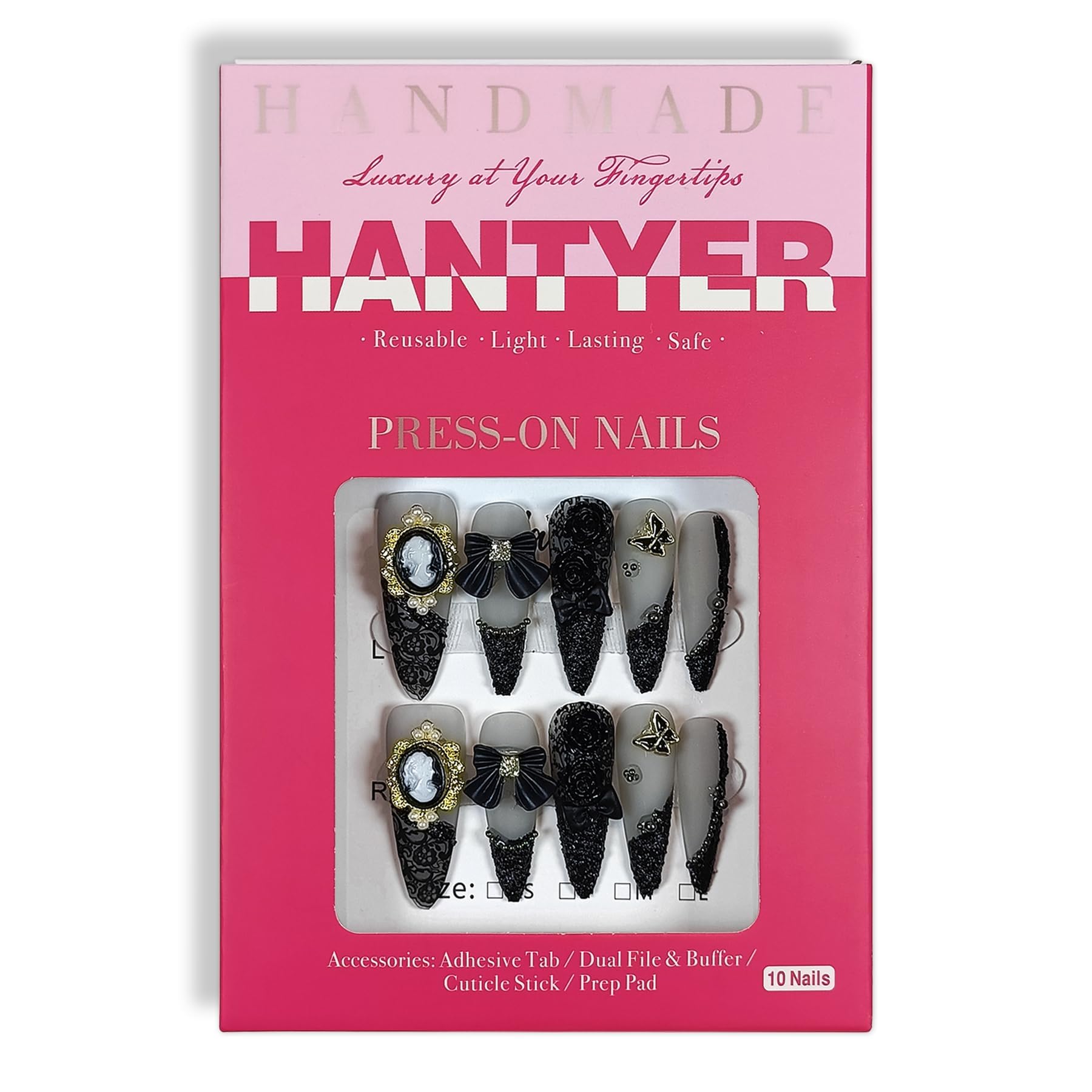 Hantyer Gothic Press on Nails, Long Stiletto Matte Nails, Baroque Cameo & 3D Camellia Design Salon Nails, Reusable Nails with Bow Steel Beads Accents, Dark Princess Style for Women