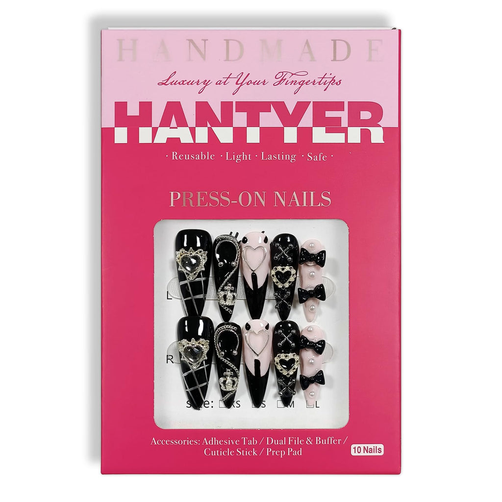Hantyer Gothic Y2K Press on Nails, Long Stiletto Glossy Black & White Nails, Silver Gothic Charms, Black Rhinestones & 3D Hand-Painted Art, Salon Nails Edgy Style for Nightlife & Concerts
