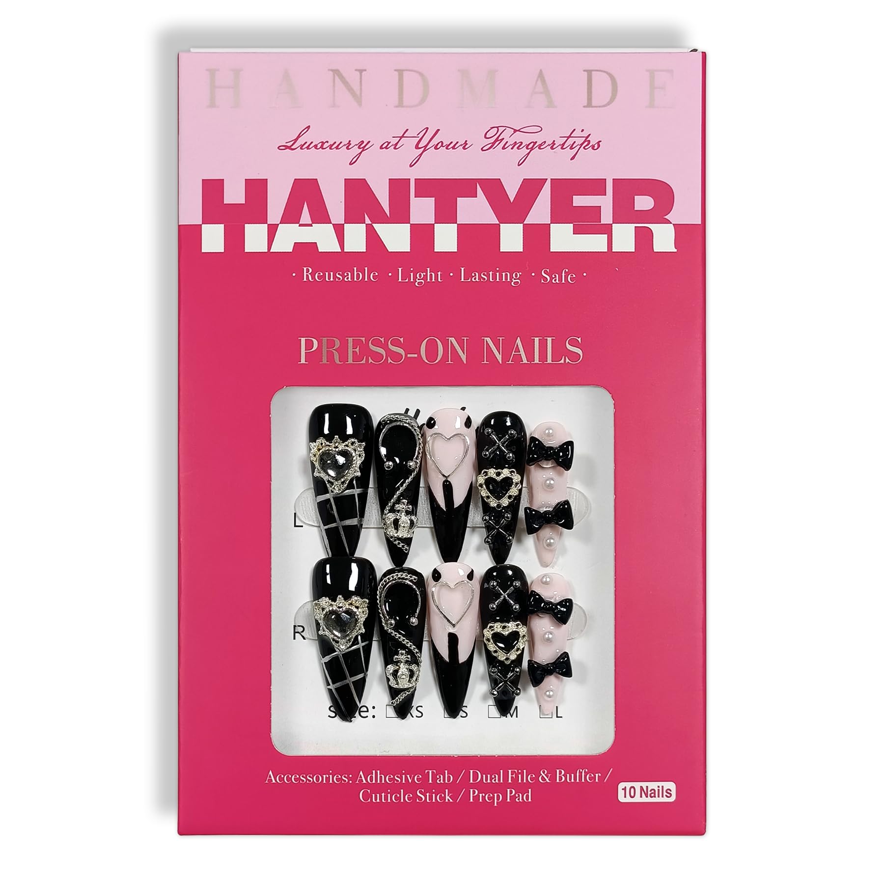 Hantyer Gothic Y2K Press on Nails, Long Stiletto Glossy Black & White Nails, Silver Gothic Charms, Black Rhinestones & 3D Hand-Painted Art, Salon Nails Edgy Style for Nightlife & Concerts