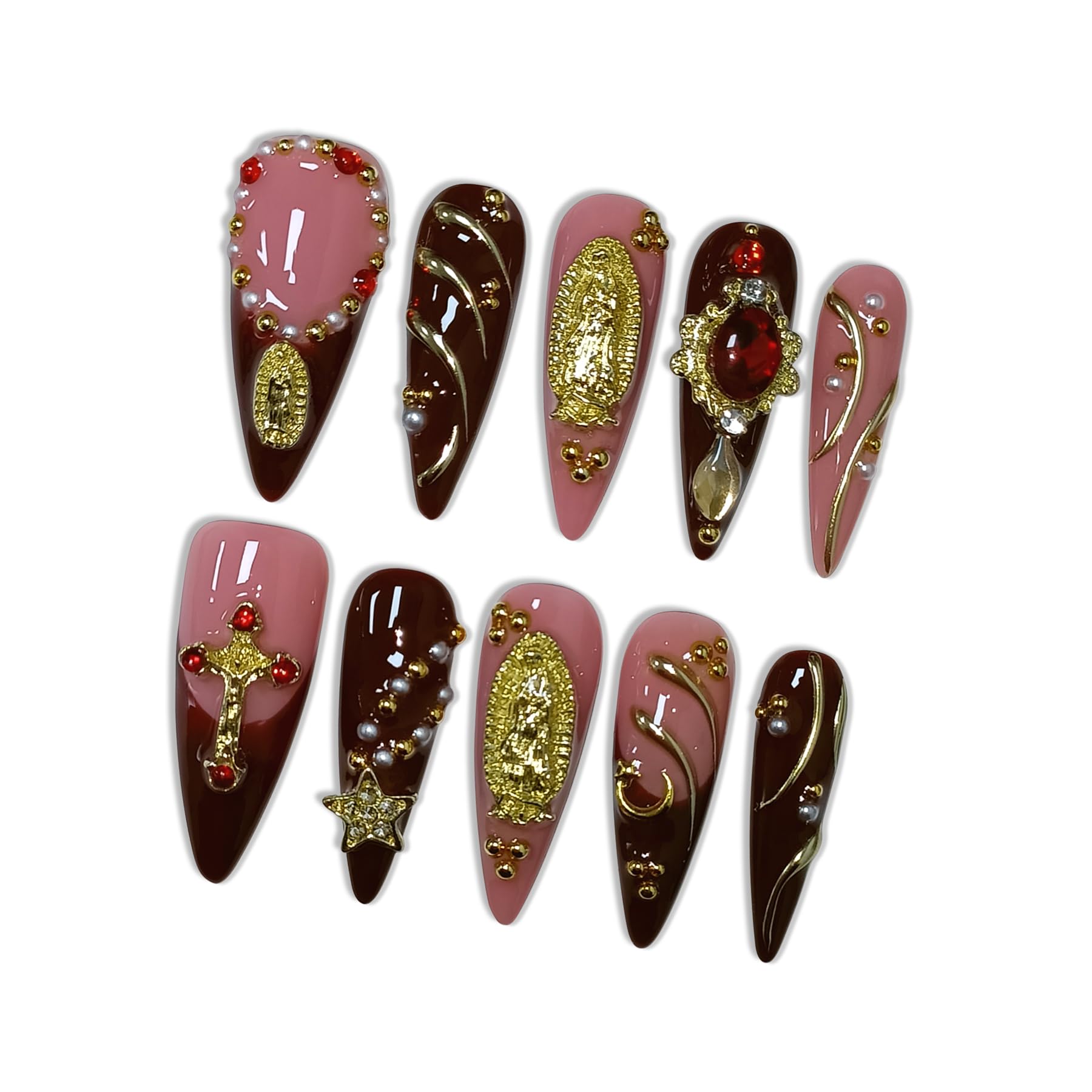Hantyer Pink & Red French Press on Nails with Gold Lines, Long Stiletto Glossy Vintage Fake Nails with Madonna Statue, Cross & Rhinestones, Reusable Religious Aesthetic False Nails