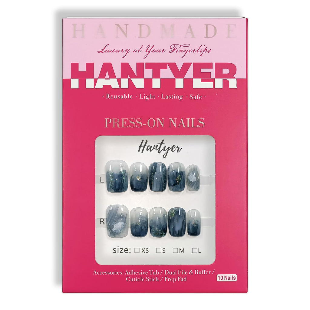 Hantyer Blue Ocean Wave Marbled Press on Nails with 3D Handmade Water Droplets & Gold Glitter, Short Square Glossy Soft Glam Fake Nails, Elegant False Nails for Women Fall Winter Party