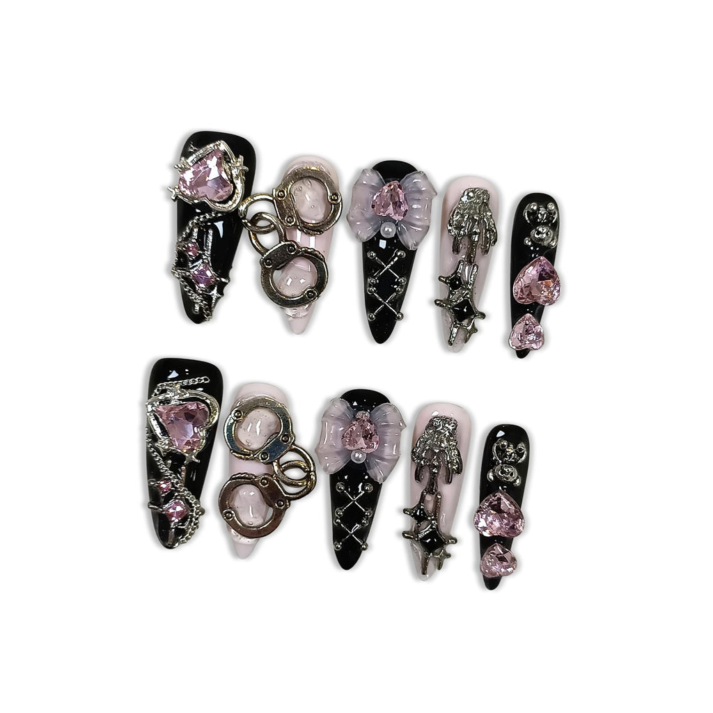 Hantyer Gothic Y2K Press on Nails, Long Stiletto Glossy Nails in Black & White, Handmade Nails with 3D Charms (Bow/Handcuff/Skull) & Heart Rhinestones, Edgy Party Style for Women