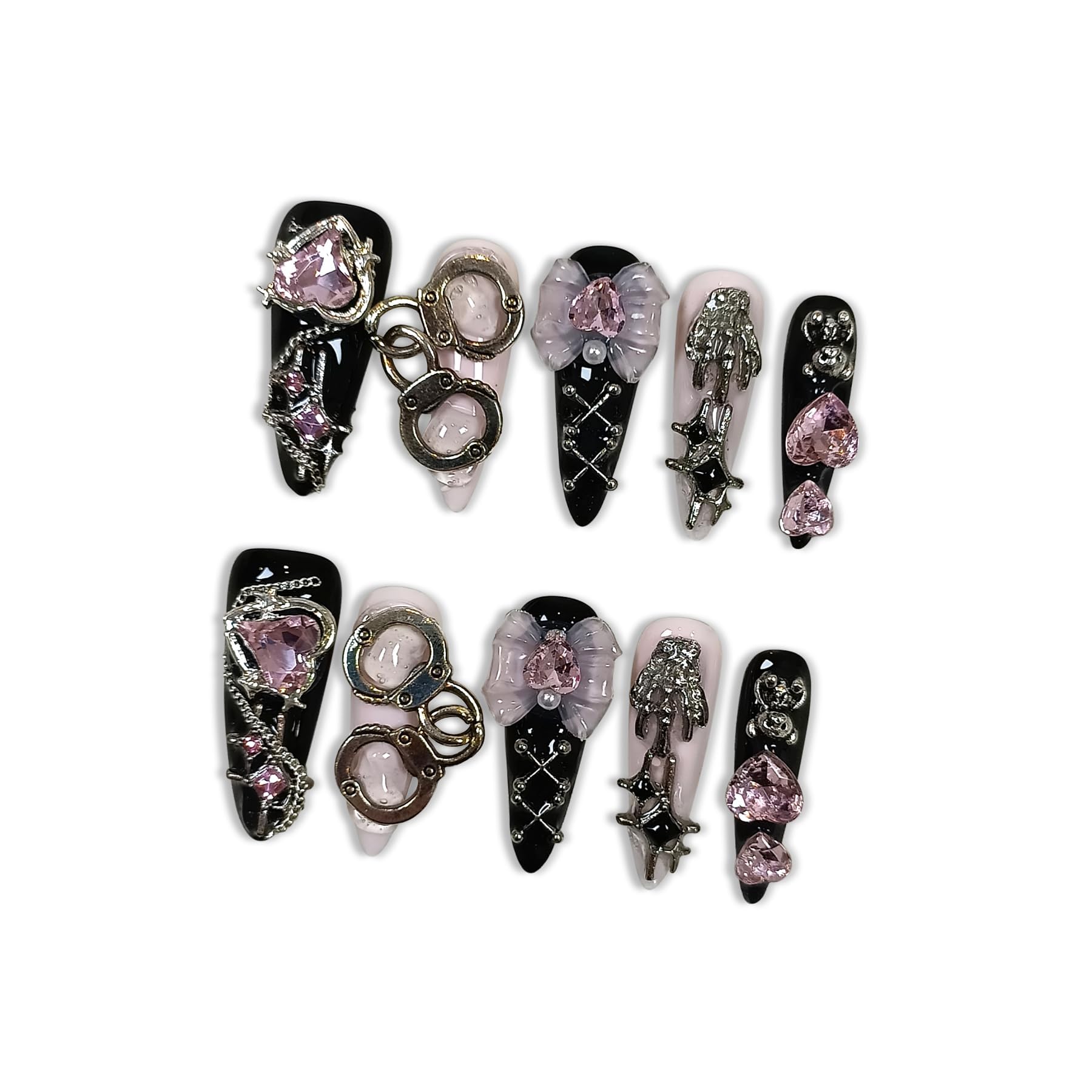 Hantyer Gothic Y2K Press on Nails, Long Stiletto Glossy Nails in Black & White, Handmade Nails with 3D Charms (Bow/Handcuff/Skull) & Heart Rhinestones, Edgy Party Style for Women