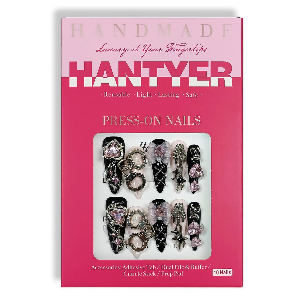 Hantyer Gothic Y2K Press on Nails, Long Stiletto Glossy Nails in Black & White, Handmade Nails with 3D Charms (Bow/Handcuff/Skull) & Heart Rhinestones, Edgy Party Style for Women