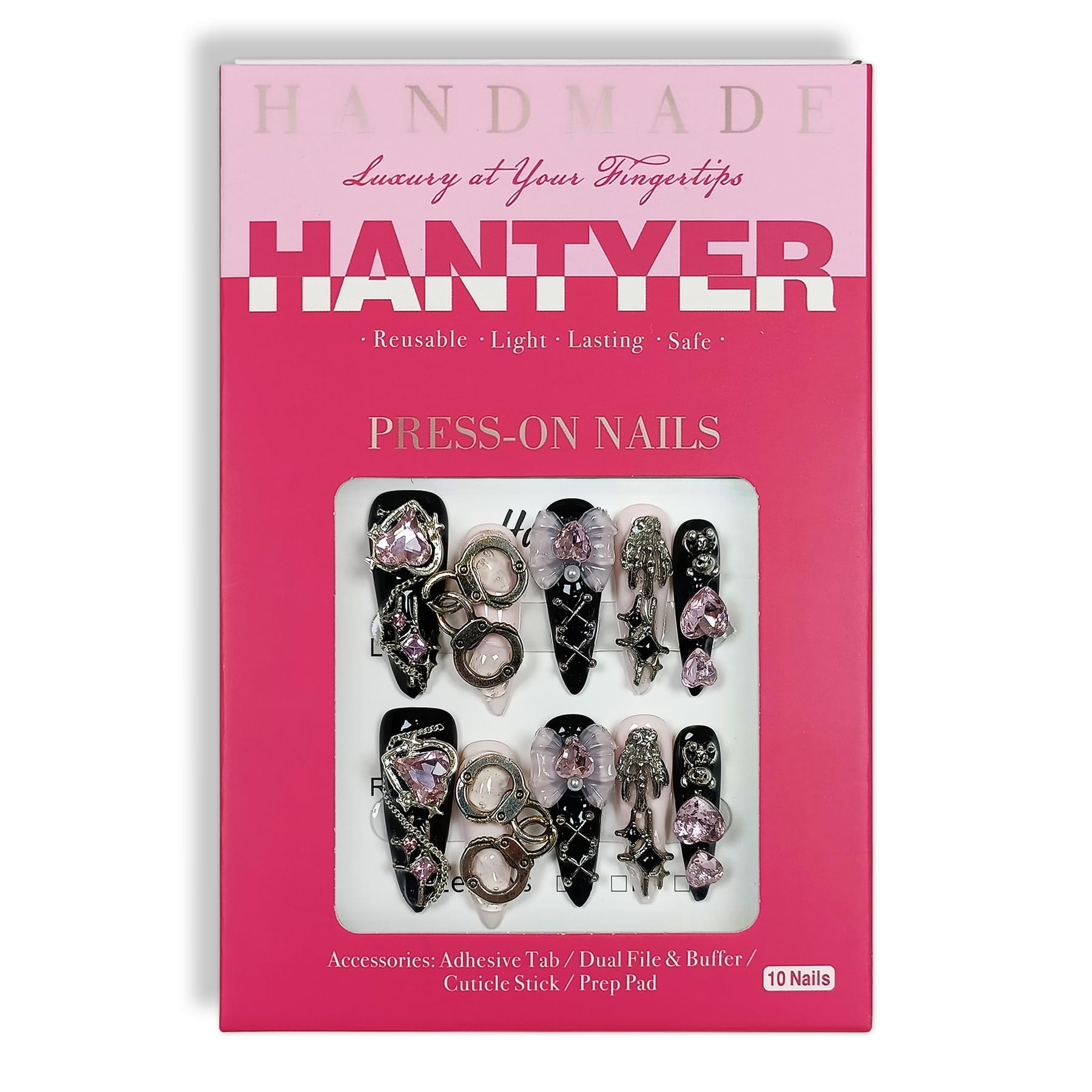 Hantyer Gothic Y2K Press on Nails, Long Stiletto Glossy Nails in Black & White, Handmade Nails with 3D Charms (Bow/Handcuff/Skull) & Heart Rhinestones, Edgy Party Style for Women