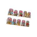 Hantyer 10pcs Leopard French Tip Press On Nails Sweet Cool Style, Short Duckbill Nails with 3D Embossed Petals & Metal Decor, Icy Glossy Finish, Reusable, Easy to Apply & Carry for Parties