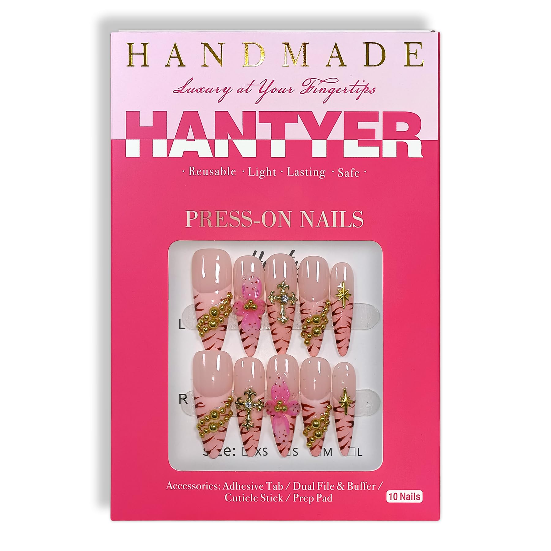 Hantyer Pink Leopard French Tip Press on Nails with 3D Floral Carving & Cross Gold Beads, Long Stiletto Glossy Y2K Fake Nails, Reusable Edgy False Nails for Women Festival Concert Party