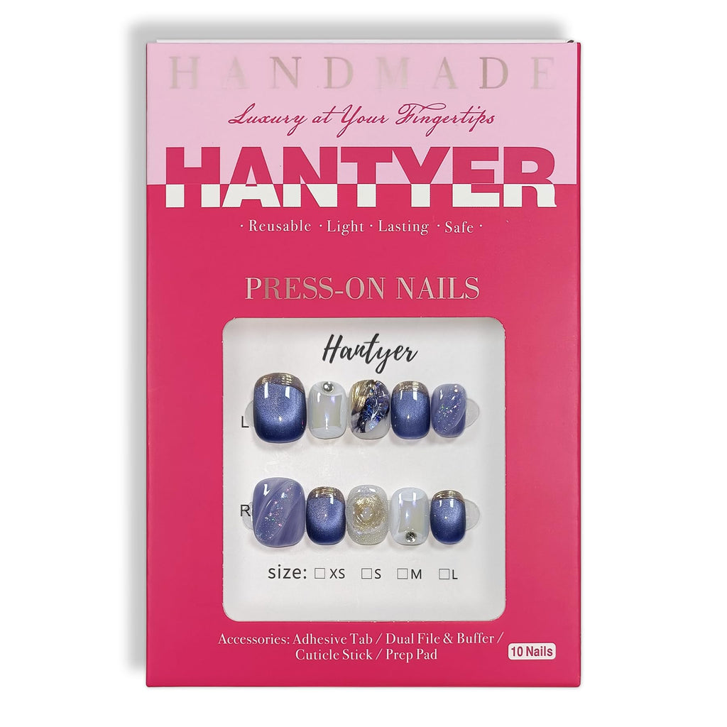 Hantyer 10pcs Press on Nails, Short Square Fake Nails, Blue Cat Eye Ombre with Golden Bling Edge, Glossy Finish Handmade Nails Sweet Style, Reusable for Party