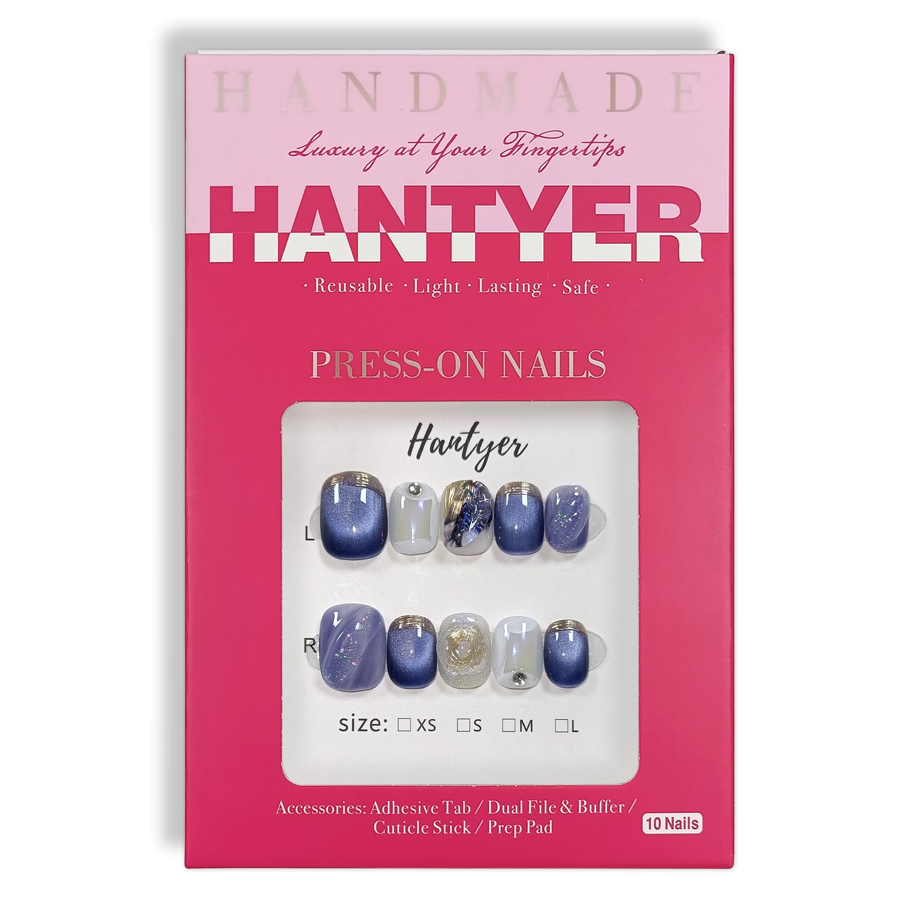 Hantyer 10pcs Press on Nails, Short Square Fake Nails, Blue Cat Eye Ombre with Golden Bling Edge, Glossy Finish Handmade Nails Sweet Style, Reusable for Party