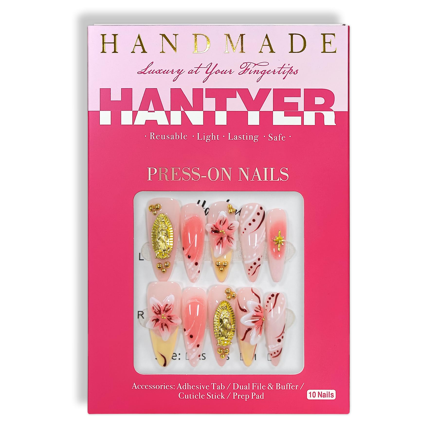 Hantyer 10pcs Red to Pink Ombre Press on Nails with 3D Carved Flowers & Gold Madonna Statue Charms, Long Stiletto Glossy Iced Edgy Fake Nails, Reusable Gothic Glam False Nails for Women