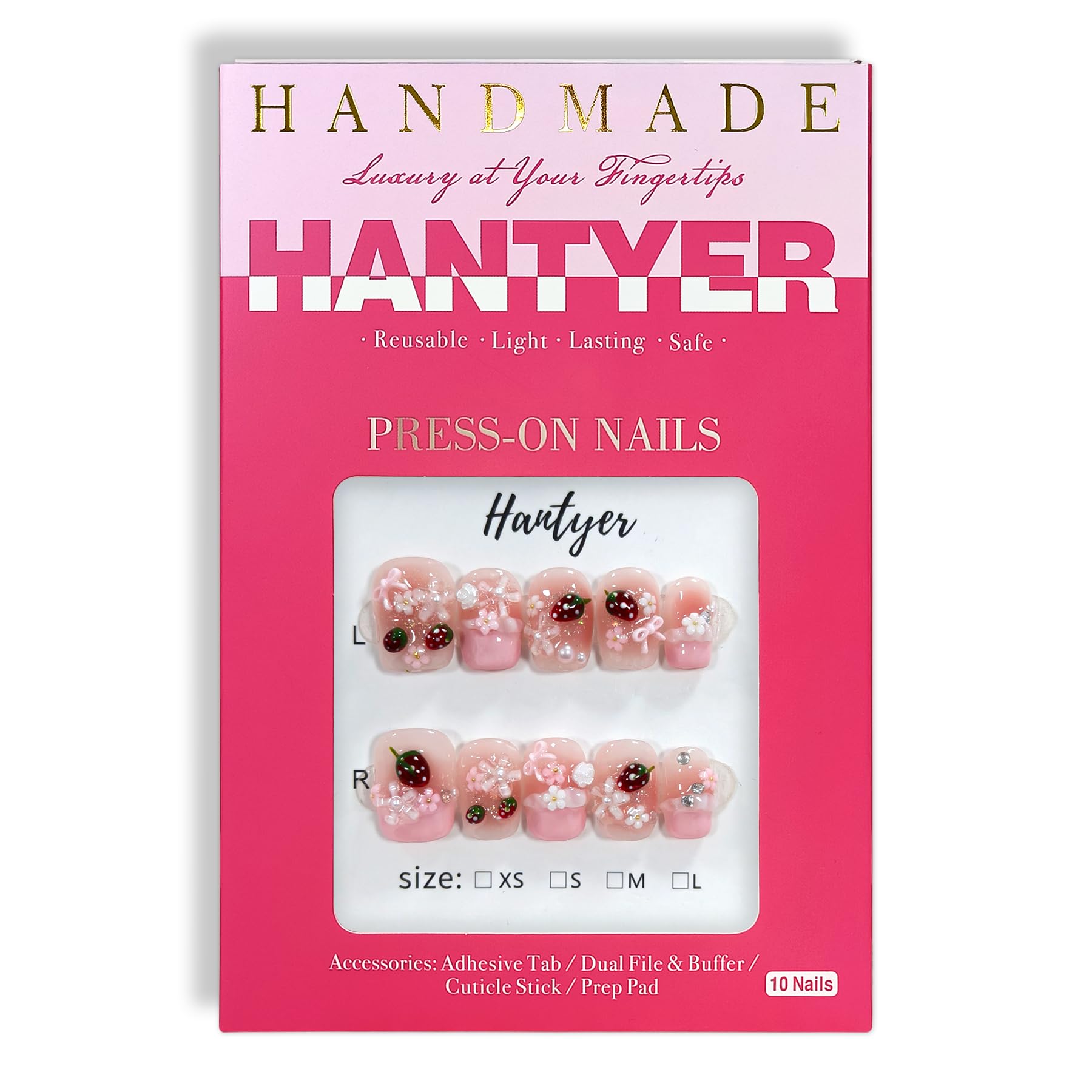 Hantyer 10pcs Pink French Tip Press on Nails with Pink Jelly Strawberry & Pearl Charms, Short Coffin Glossy Iced Sweet Fake Nails, Reusable Kawaii False Nails for Women Birthday Party